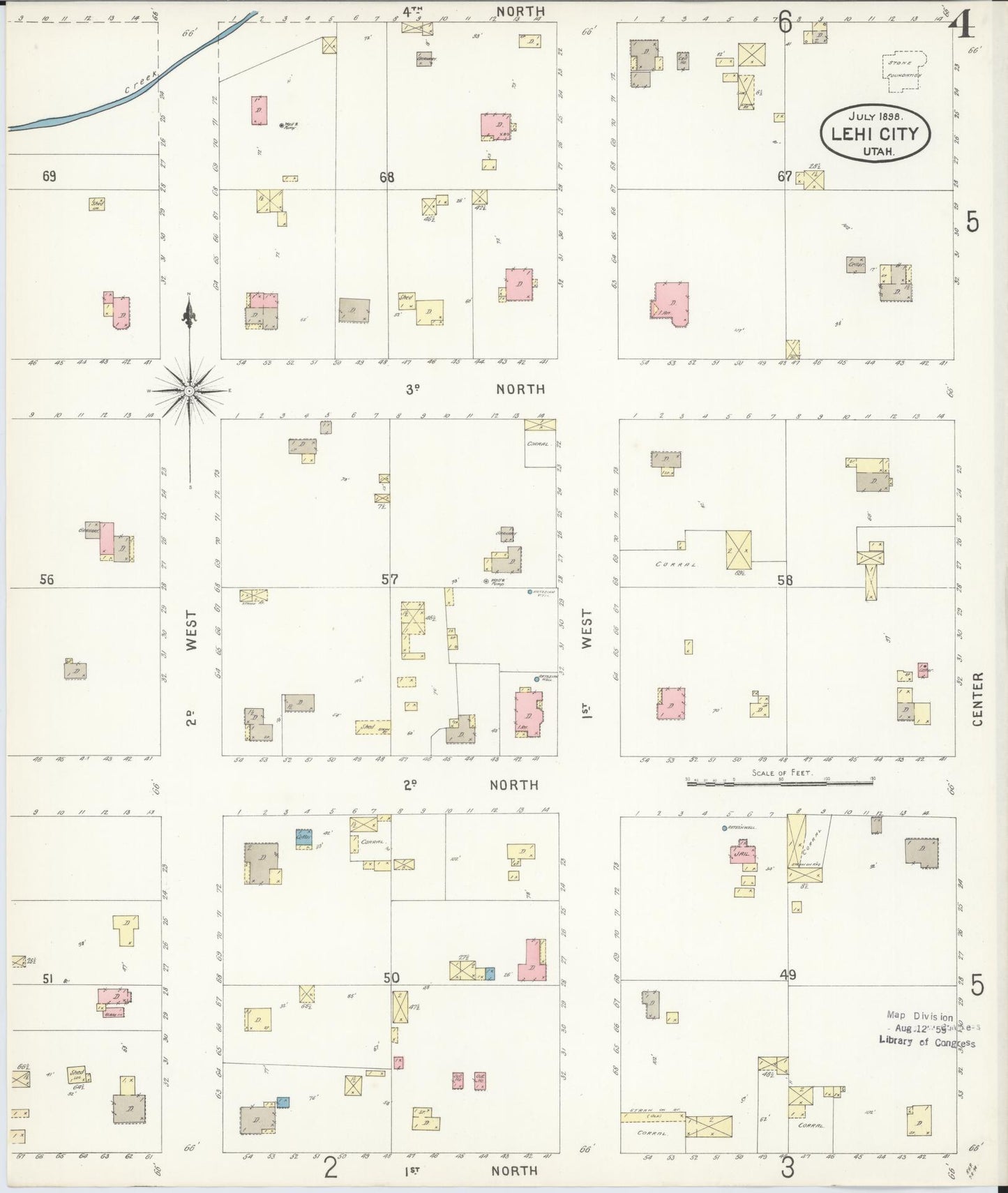 Sanborn Fire Insurance Map from Lehi, Utah County, Utah (1898), Sheet #0004 - Historic Sanborn Fire Insurance Map Print, vintage old map wall art, antique decor, genealogy gift, Lehi Utah map