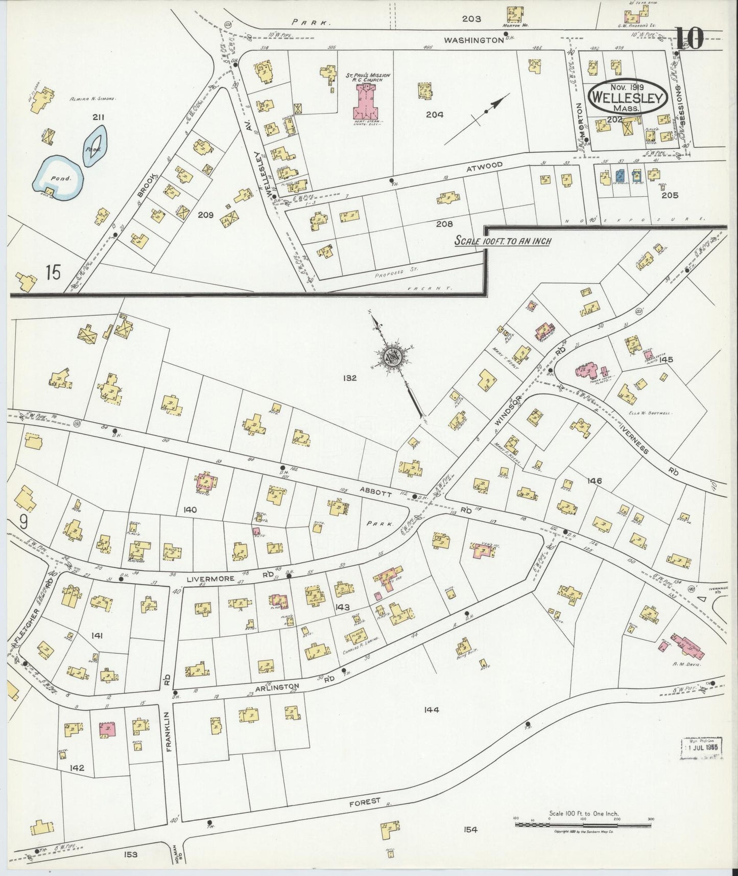 Sanborn Fire Insurance Map from Wellesley, Norfolk County, Massachusetts (1919), Sheet #0010 - Historic Sanborn Fire Insurance Map Print, vintage old map wall art, antique decor, genealogy gift, Massachusetts Massachusetts map
