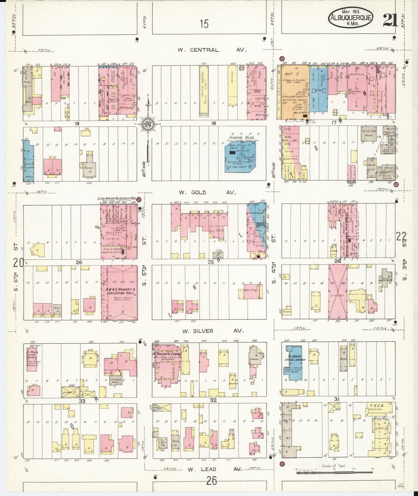 Sanborn Fire Insurance Map from Albuquerque, Bernalillo County, New Mexico (1913), Sheet #0021 - Historic Sanborn Fire Insurance Map Print, vintage old map wall art, antique decor, genealogy gift, New Mexico New Mexico map