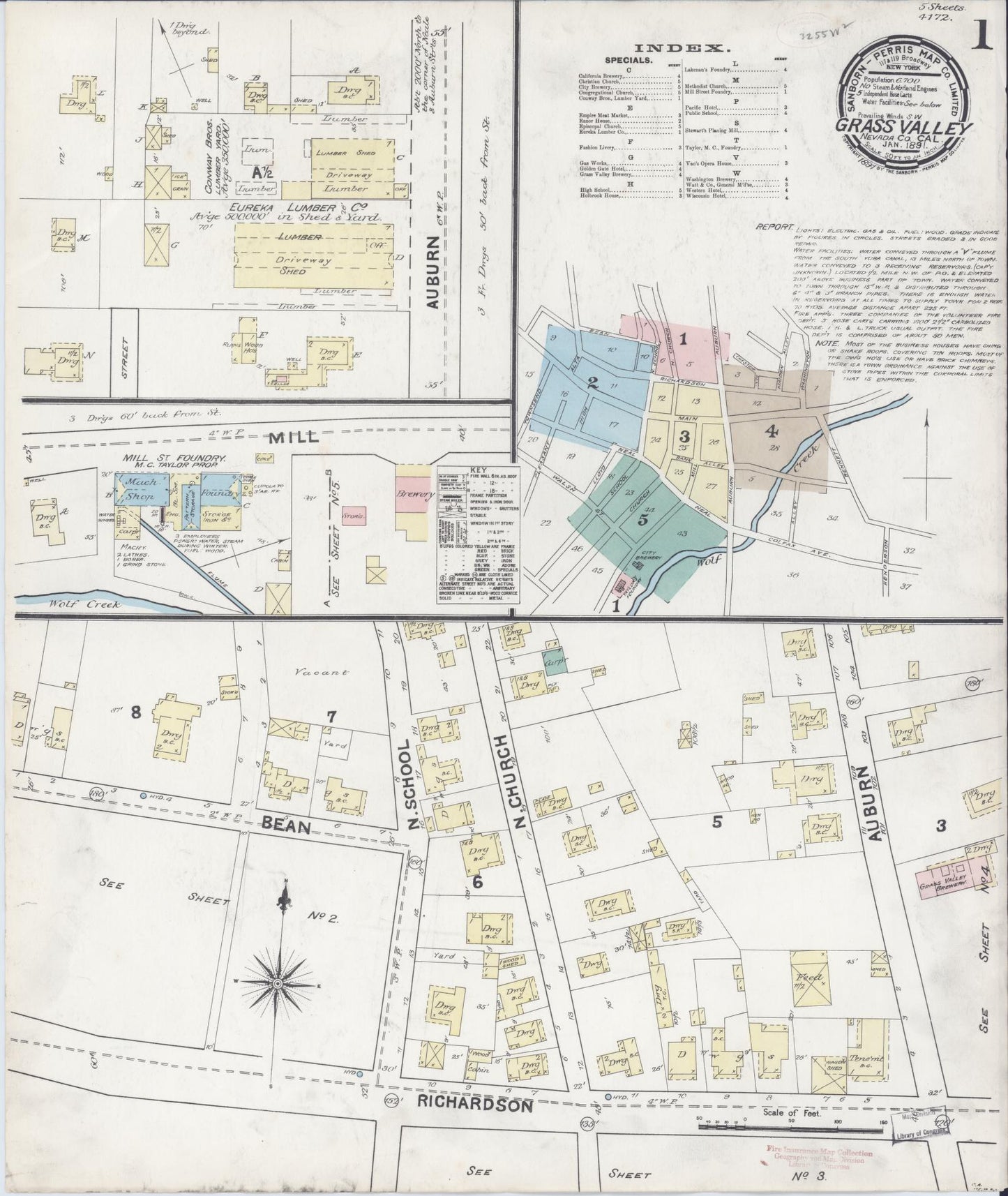 Sanborn Fire Insurance Map from Grass Valley, Nevada County, California (1891), Sheet #0001 - Historic Sanborn Fire Insurance Map Print, vintage old map wall art, antique decor, genealogy gift, Grass Valley Nevada map