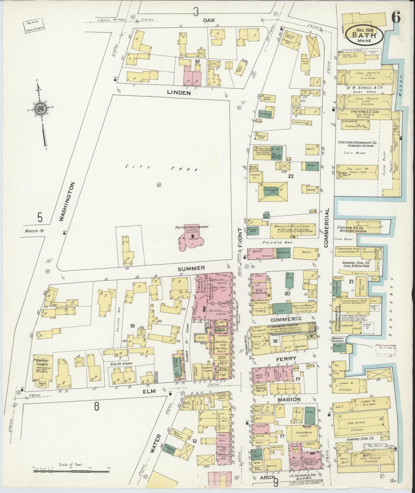 Sanborn Fire Insurance Map from Bath, Sagadahoc County, Maine (1909), Sheet #0006 - Historic Sanborn Fire Insurance Map Print, vintage old map wall art, antique decor, genealogy gift, Maine Maine map