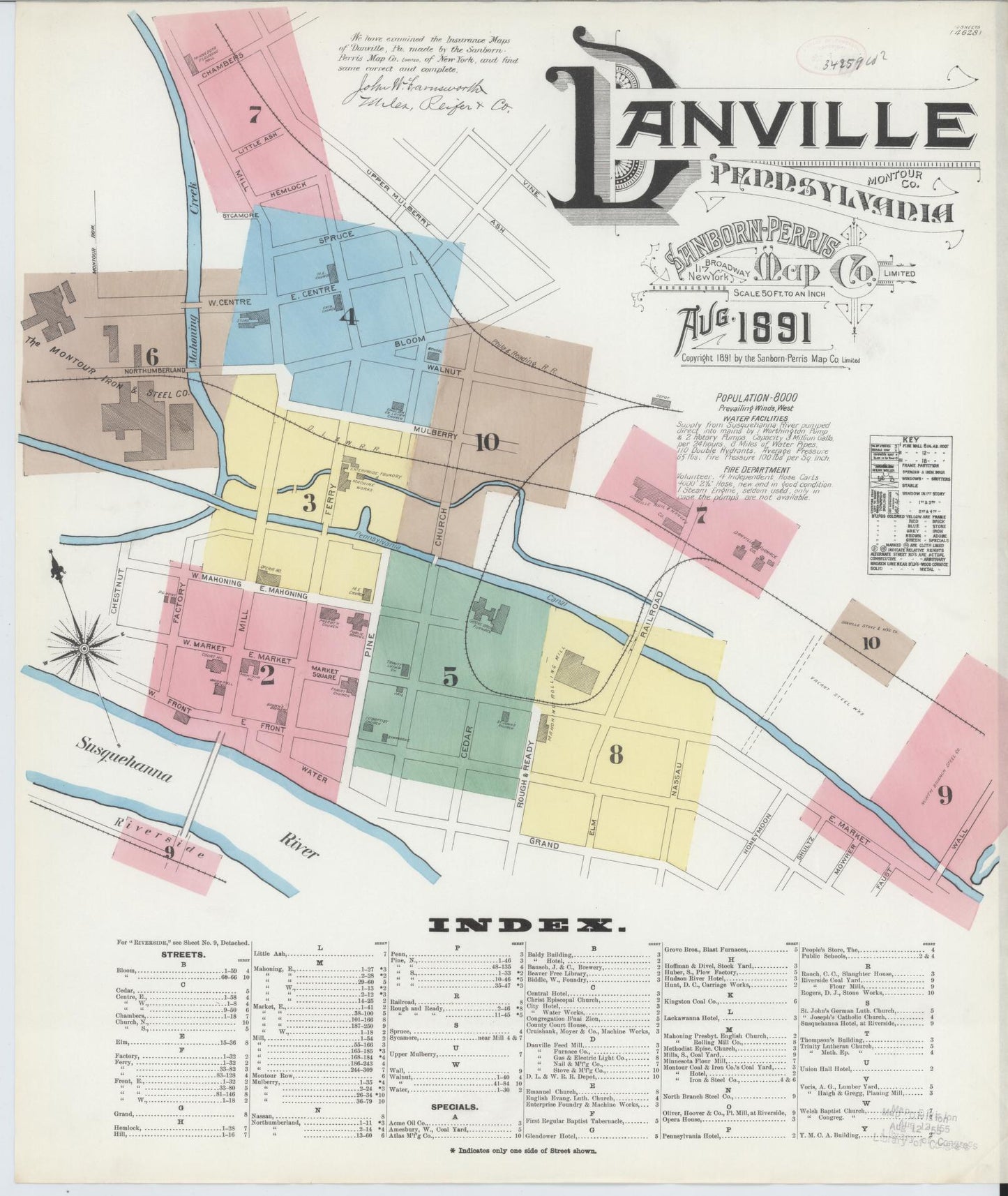 Sanborn Fire Insurance Map from Danville, Montour County, Pennsylvania (1891), Sheet #0001 - Historic Sanborn Fire Insurance Map Print, vintage old map wall art, antique decor, genealogy gift, Pennsylvania Pennsylvania map