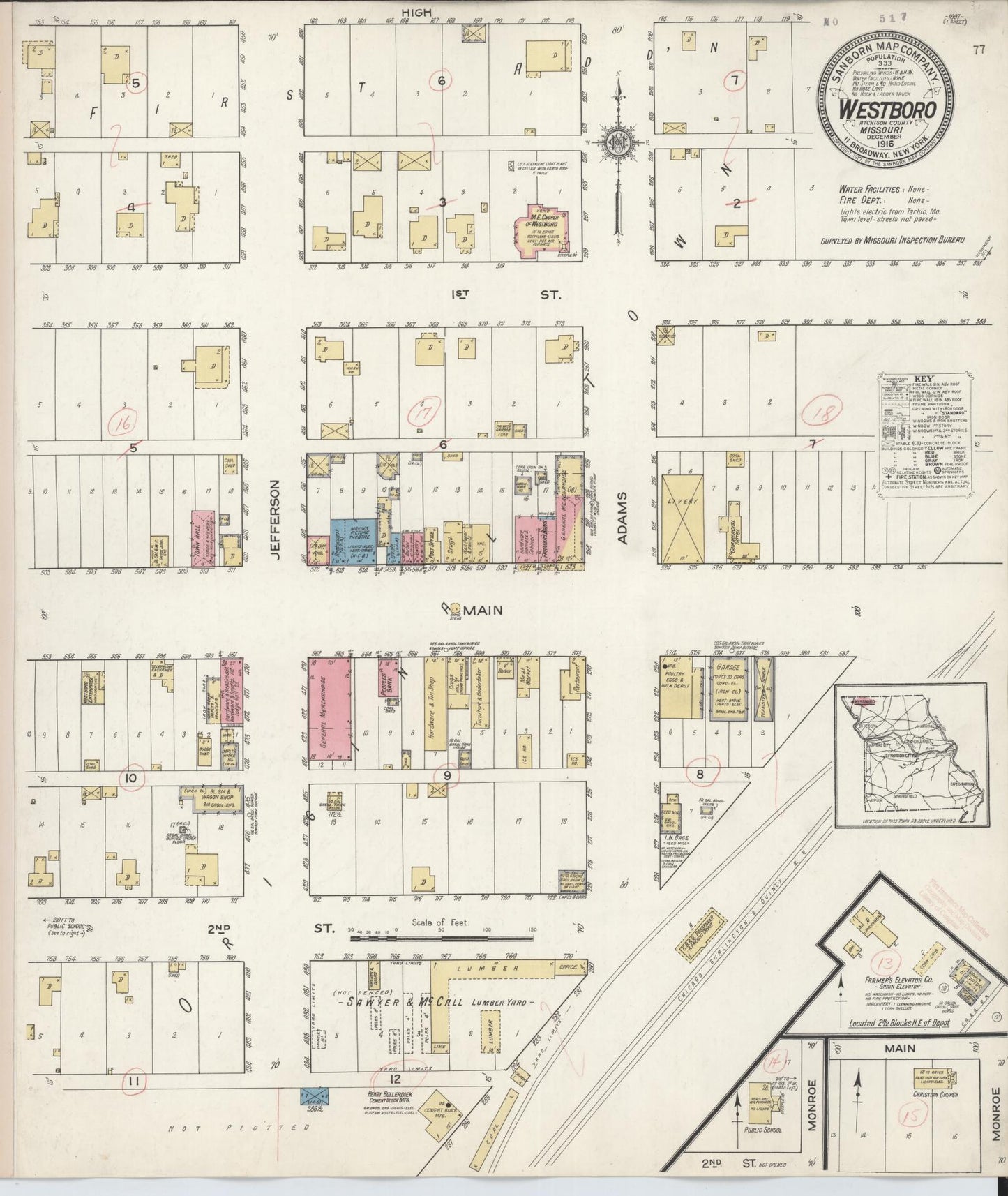 Sanborn Fire Insurance Map from Westboro, Atchison County, Missouri (1916), Sheet #0001 - Historic Sanborn Fire Insurance Map Print, vintage old map wall art, antique decor, genealogy gift, Missouri Missouri map