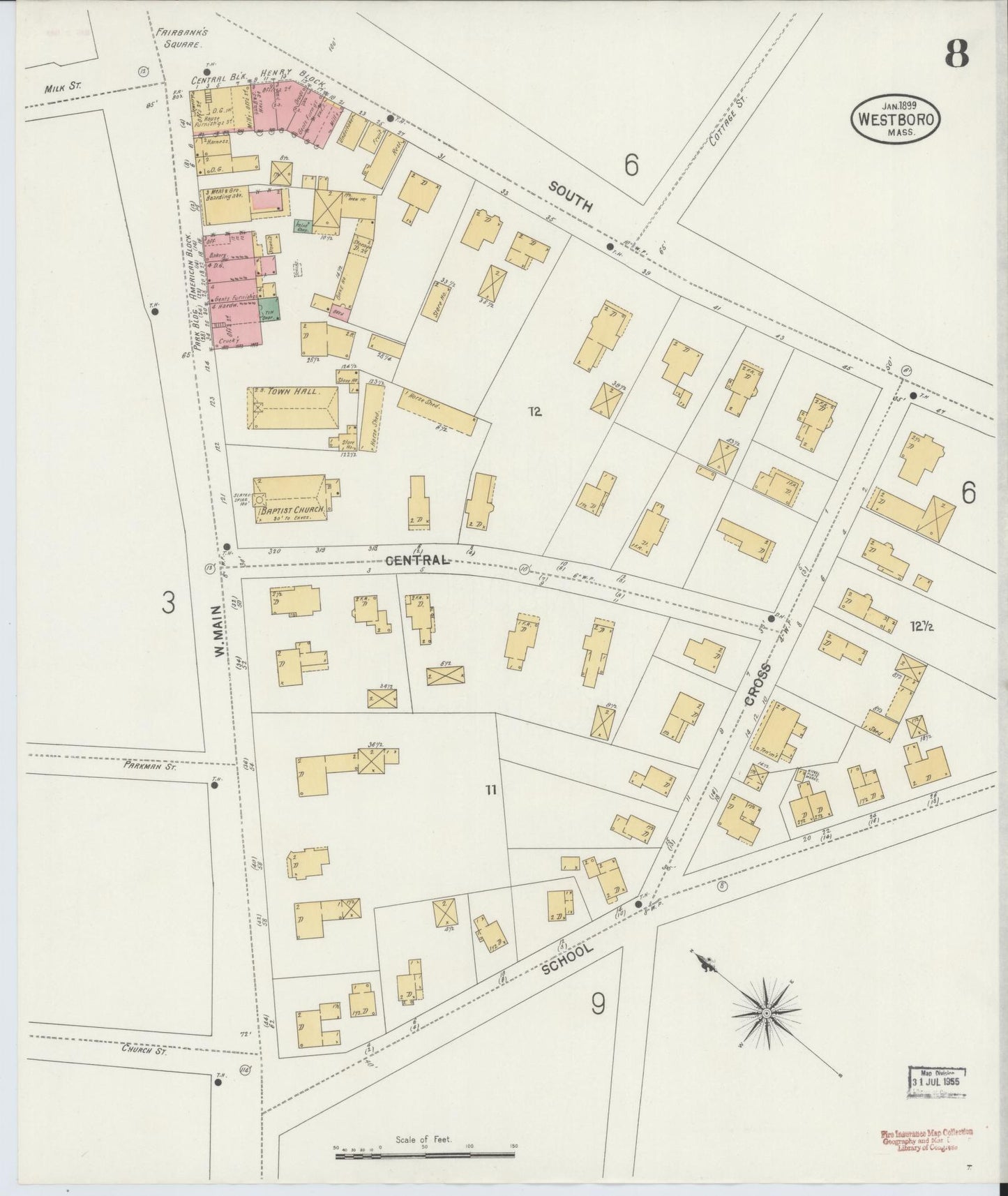 Sanborn Fire Insurance Map from Westboro, Worcester County, Massachusetts (1899), Sheet #0008 - Historic Sanborn Fire Insurance Map Print, vintage old map wall art, antique decor, genealogy gift, Massachusetts Massachusetts map