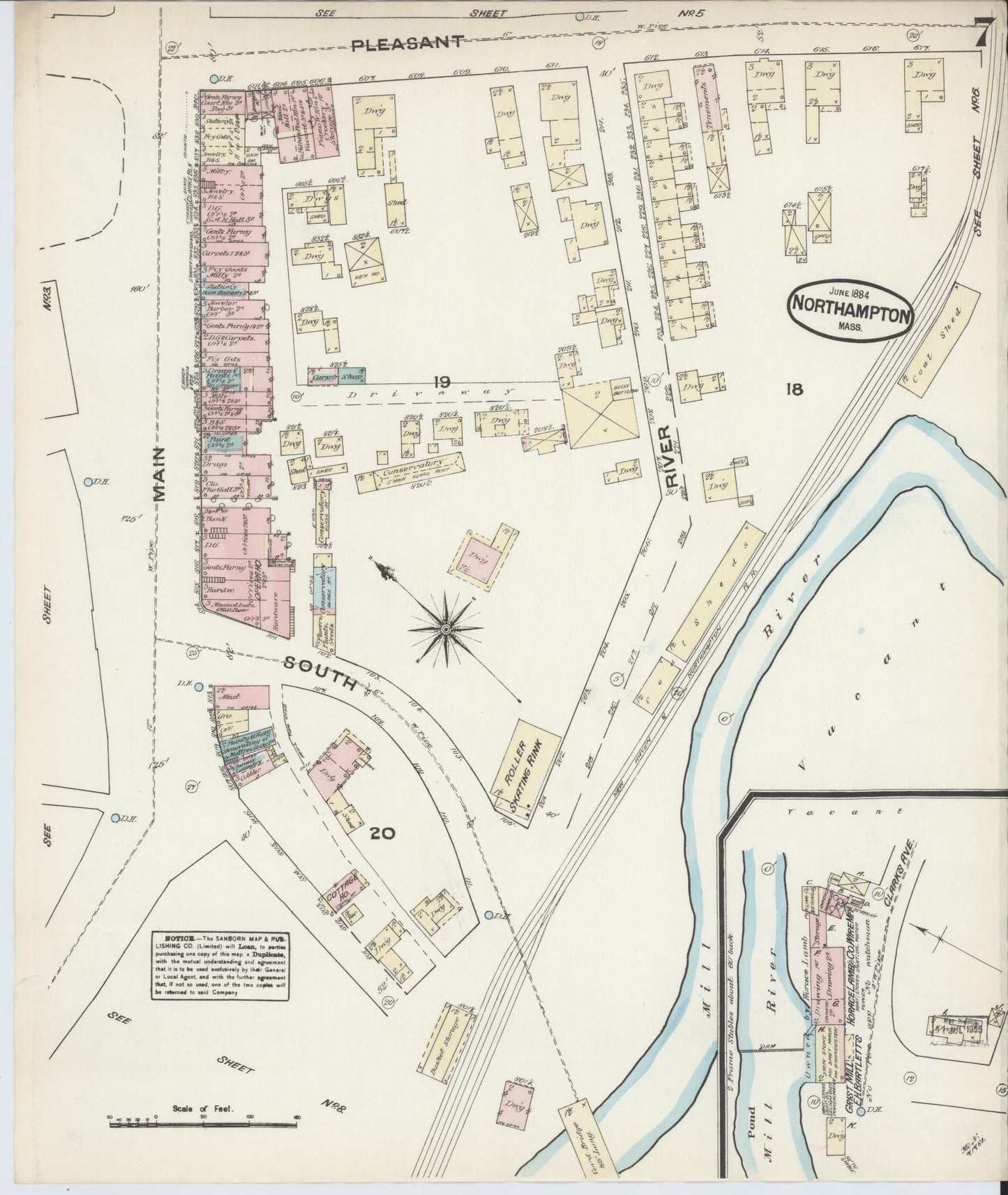 Sanborn Fire Insurance Map from Northampton, Hampshire County, Massachusetts (1884), Sheet #0007 - Historic Sanborn Fire Insurance Map Print, vintage old map wall art, antique decor, genealogy gift, Massachusetts Massachusetts map