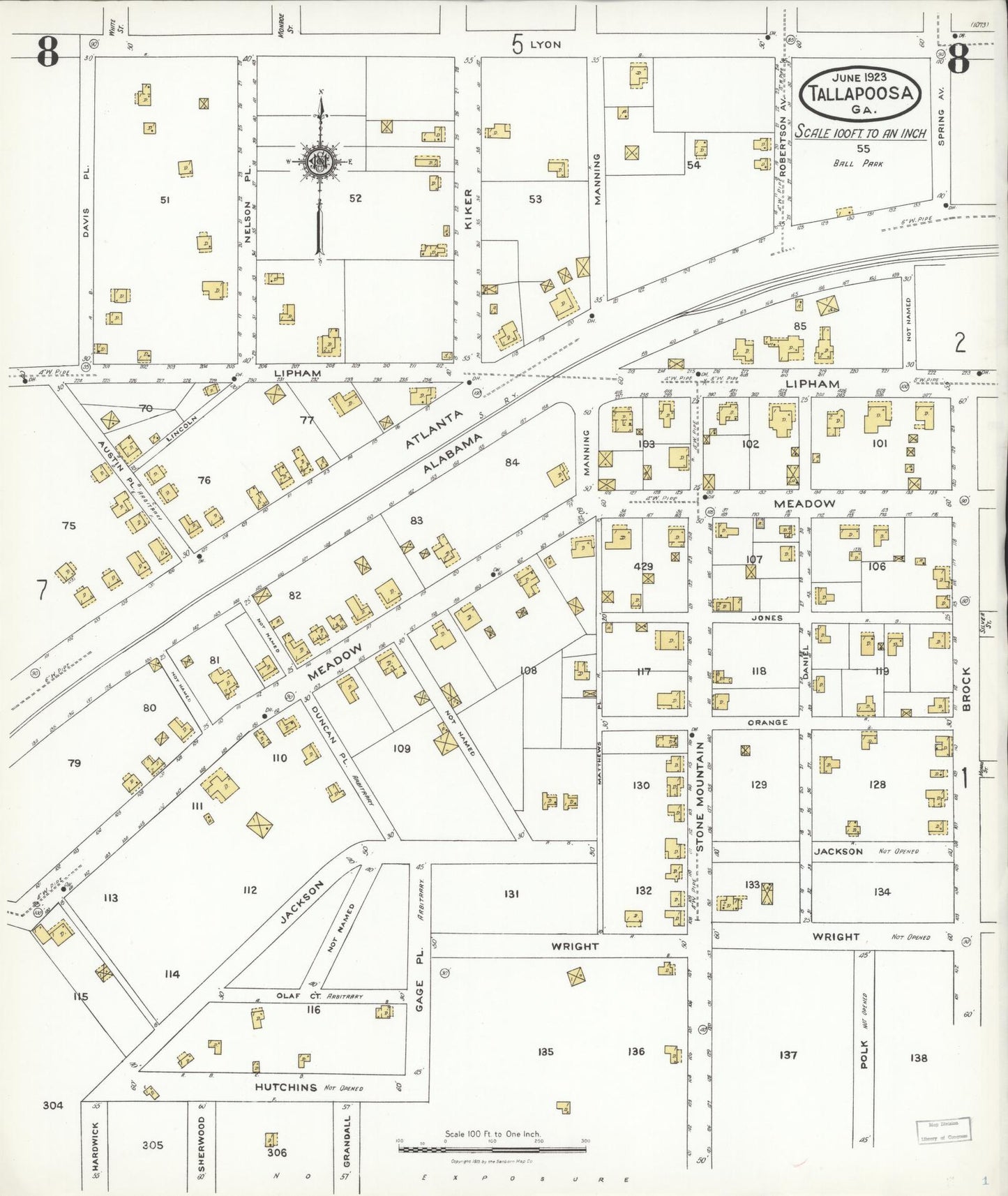 Sanborn Fire Insurance Map from Tallapoosa, Haralson County, Georgia (1923), Sheet #0008 - Historic Sanborn Fire Insurance Map Print, vintage old map wall art, antique decor, genealogy gift, Georgia Georgia map