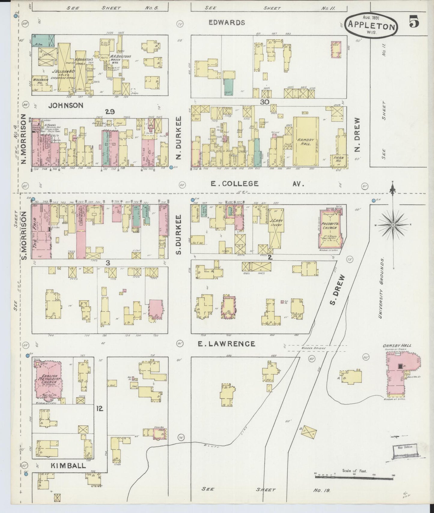 Sanborn Fire Insurance Map from Appleton, Outagamie County, Wisconsin (1891), Sheet #0005 - Historic Sanborn Fire Insurance Map Print, vintage old map wall art, antique decor, genealogy gift, Wisconsin Wisconsin map