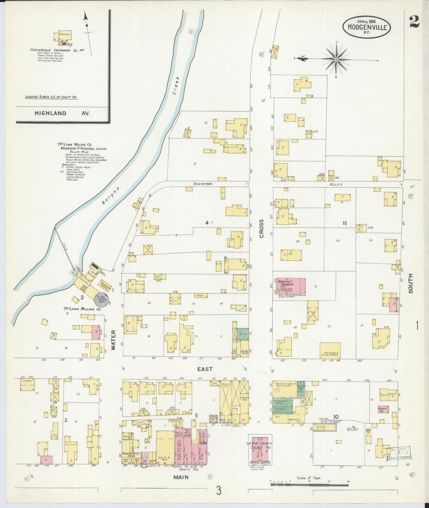 Sanborn Fire Insurance Map from Hodgenville, Larue County, Kentucky (1908), Sheet #0002 - Historic Sanborn Fire Insurance Map Print, vintage old map wall art, antique decor, genealogy gift, Kentucky Kentucky map