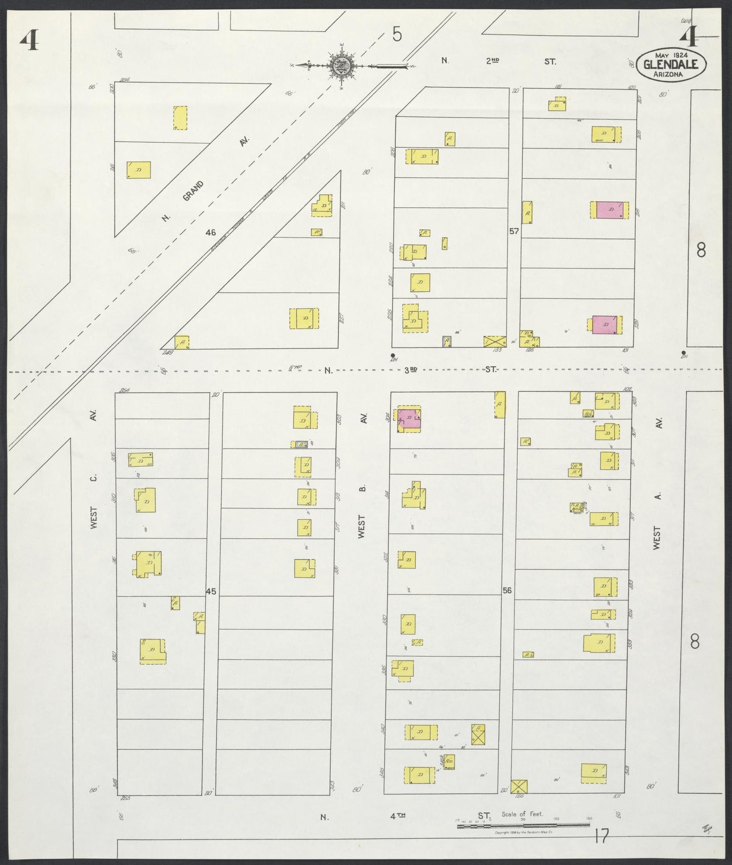 Sanborn Fire Insurance Map from Glendale, Maricopa County, Arizona (1924), Sheet #0004 - Historic Sanborn Fire Insurance Map Print, vintage old map wall art, antique decor, genealogy gift, Arizona Arizona map