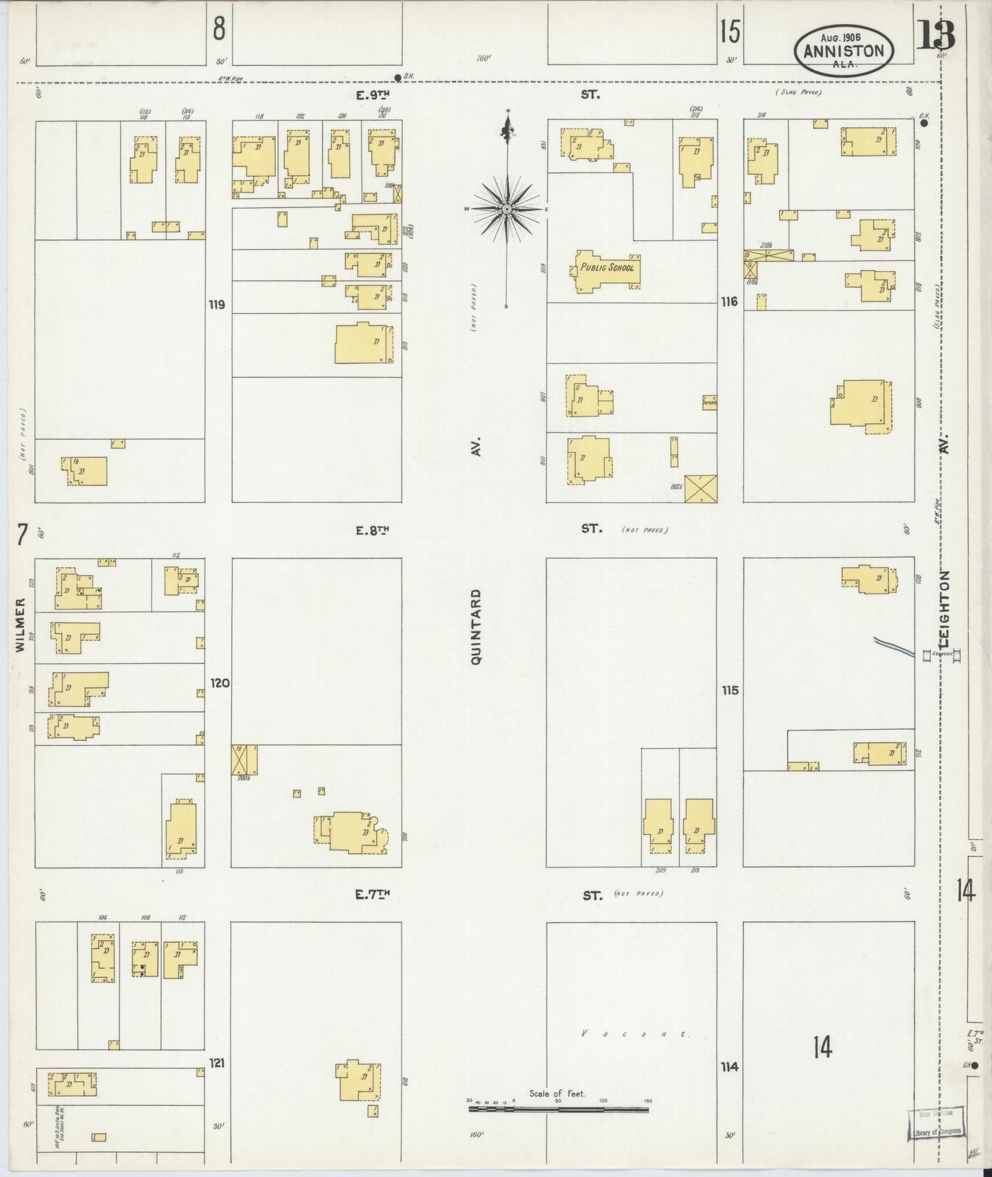 Sanborn Fire Insurance Map from Anniston, Calhoun County, Alabama (1905), Sheet #0013 - Historic Sanborn Fire Insurance Map Print, vintage old map wall art, antique decor, genealogy gift, Alabama Alabama map