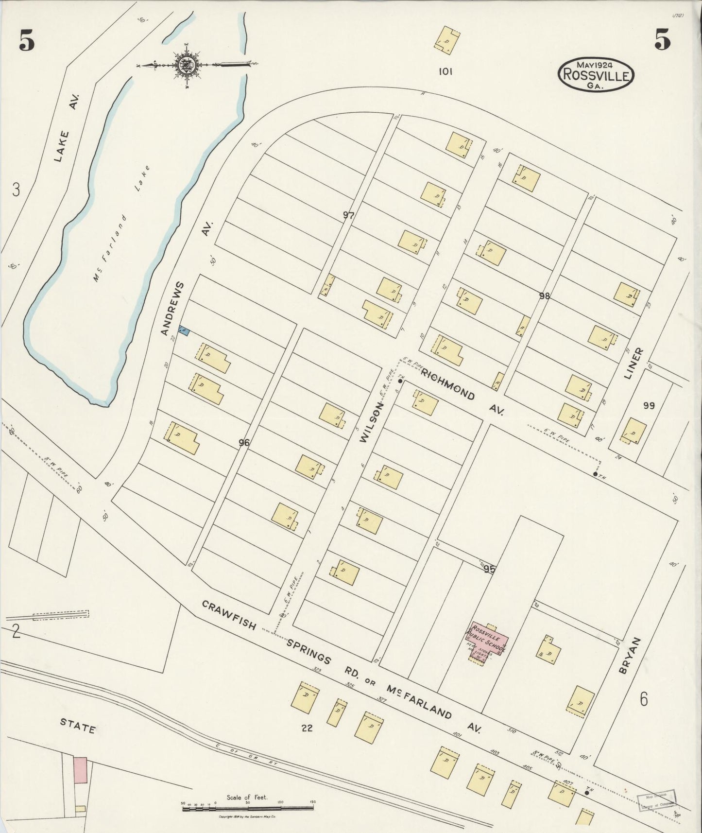 Sanborn Fire Insurance Map from Rossville, Walker County, Georgia (1924), Sheet #0005 - Historic Sanborn Fire Insurance Map Print, vintage old map wall art, antique decor, genealogy gift, Georgia Georgia map