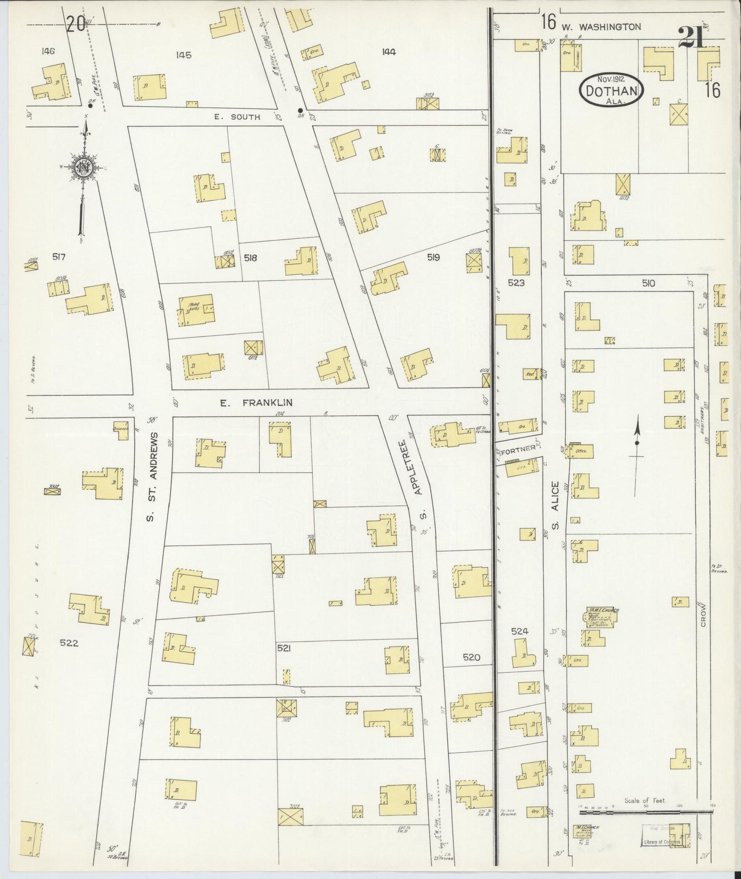 Sanborn Fire Insurance Map from Dothan, Houston County, Alabama (1912), Sheet #0021 - Historic Sanborn Fire Insurance Map Print, vintage old map wall art, antique decor, genealogy gift, Alabama Alabama map