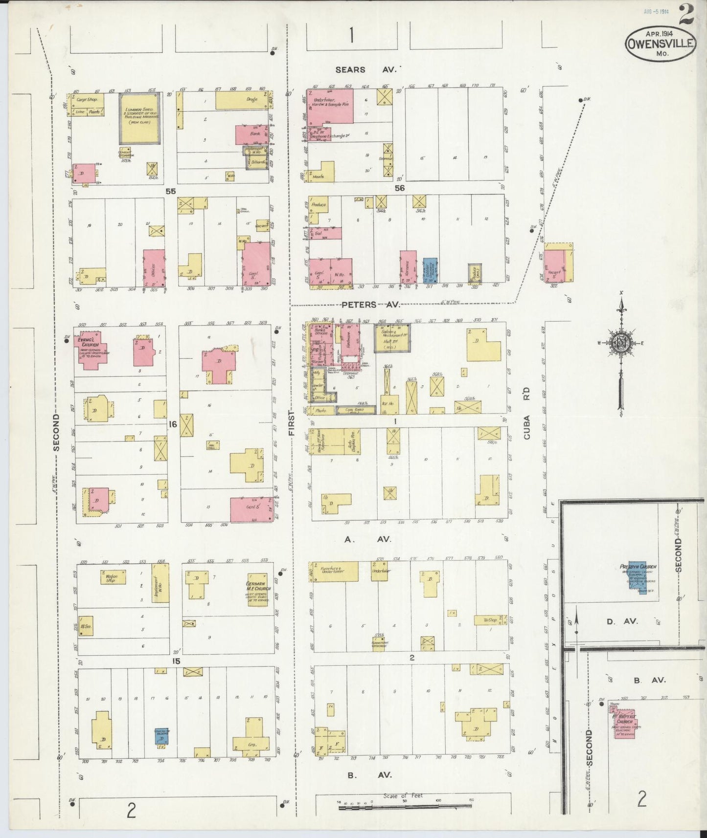 Sanborn Fire Insurance Map from Owensville, Gasconade County, Missouri (1914), Sheet #0002 - Complete Map Set gallery image, historic Sanborn map, vintage wall art, Missouri Missouri