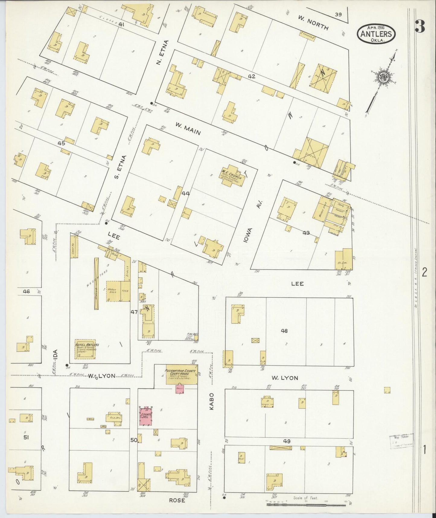 Sanborn Fire Insurance Map from Antlers, Pushmataha County, Oklahoma (1916), Sheet #0003 - Complete Map Set gallery image, historic Sanborn map, vintage wall art, Oklahoma Oklahoma