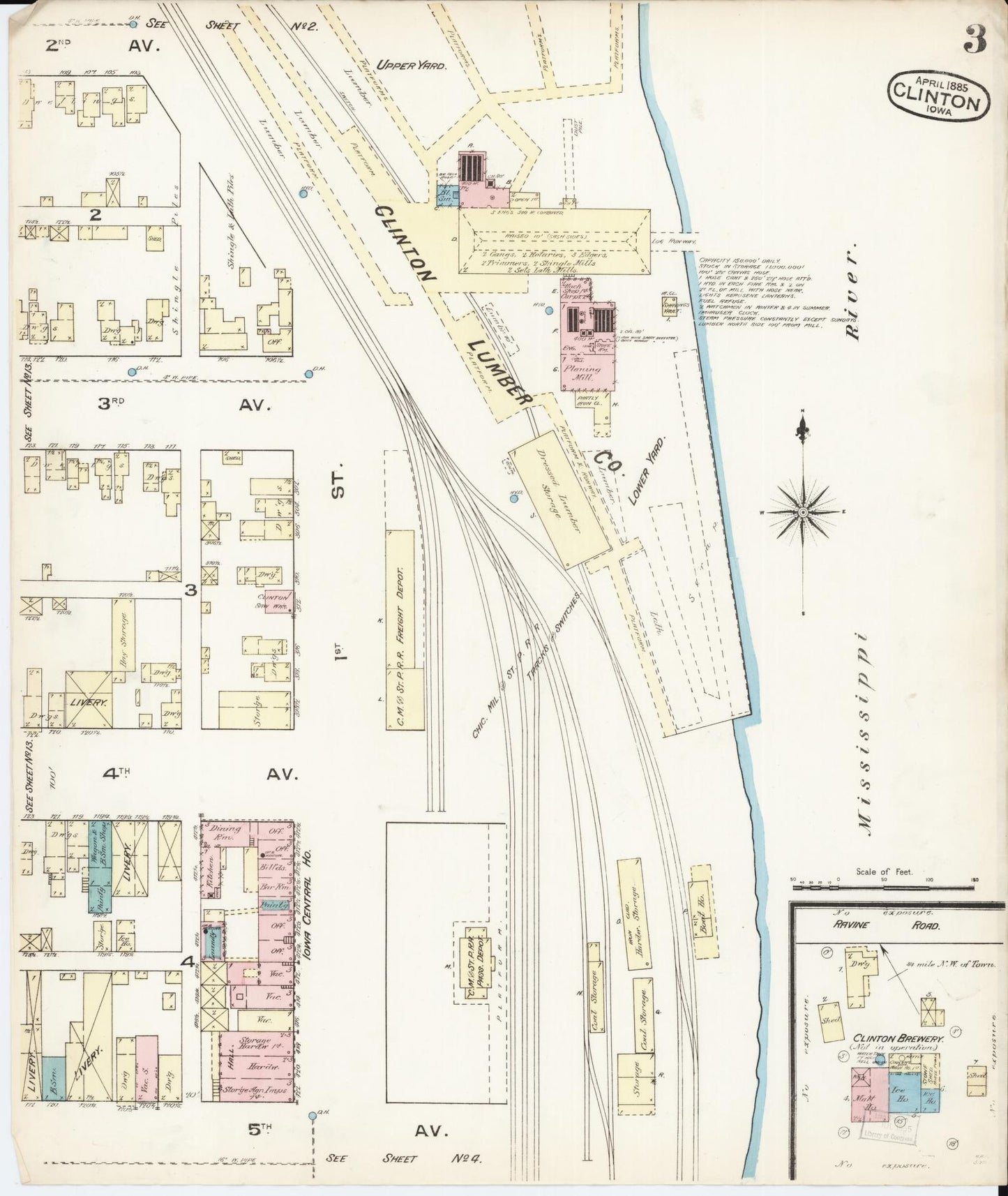 Sanborn Fire Insurance Map from Clinton, Clinton County, Iowa (1885), Sheet #0003 - Historic Sanborn Fire Insurance Map Print, vintage old map wall art