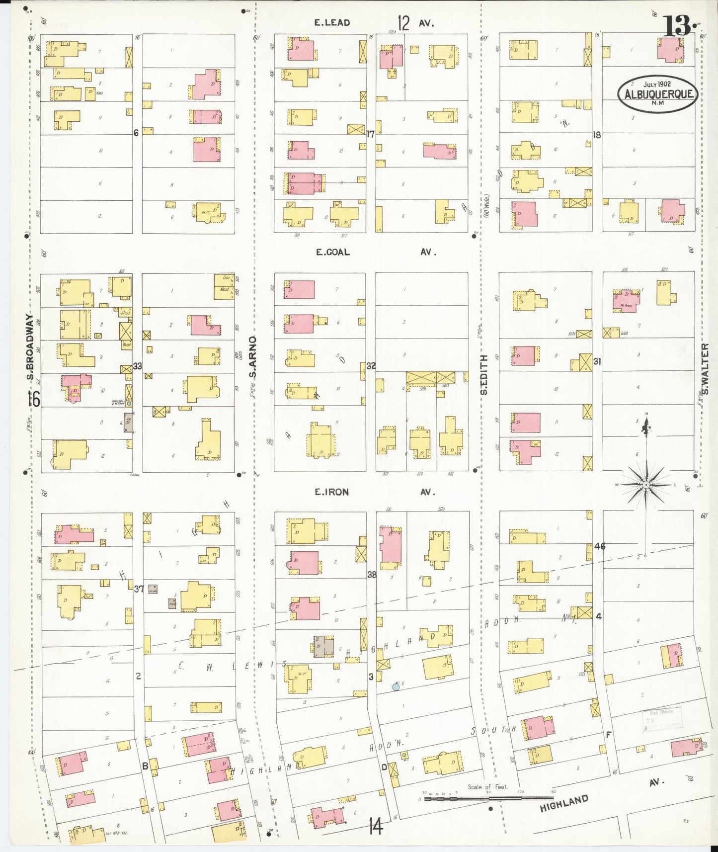 Sanborn Fire Insurance Map from Albuquerque, Bernalillo County, New Mexico (1902), Sheet #0013 - Historic Sanborn Fire Insurance Map Print, vintage old map wall art, antique decor, genealogy gift, New Mexico New Mexico map