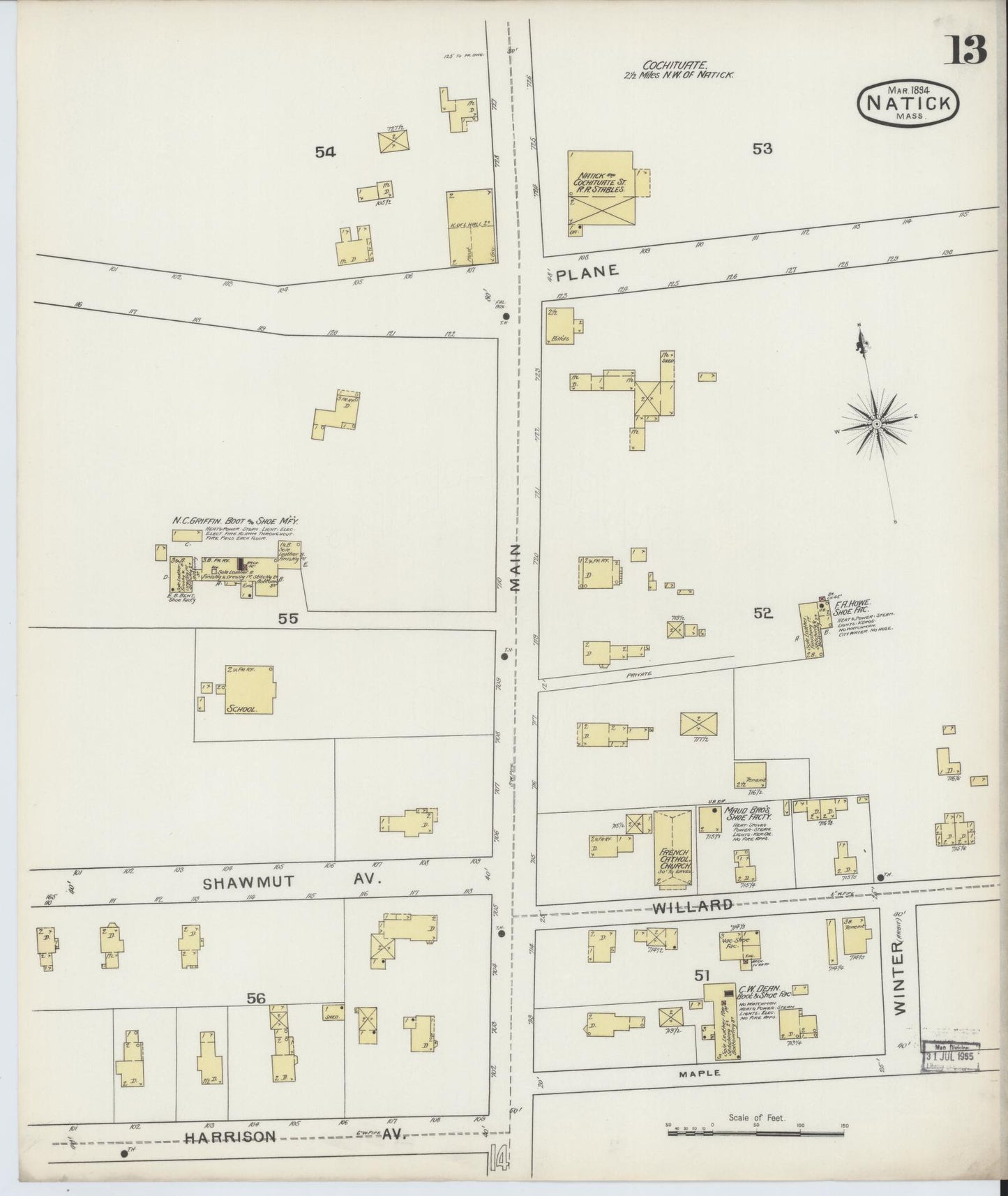 Sanborn Fire Insurance Map from Natick, Middlesex County, Massachusetts (1894), Sheet #0013 - Historic Sanborn Fire Insurance Map Print, vintage old map wall art, antique decor, genealogy gift, Massachusetts Massachusetts map