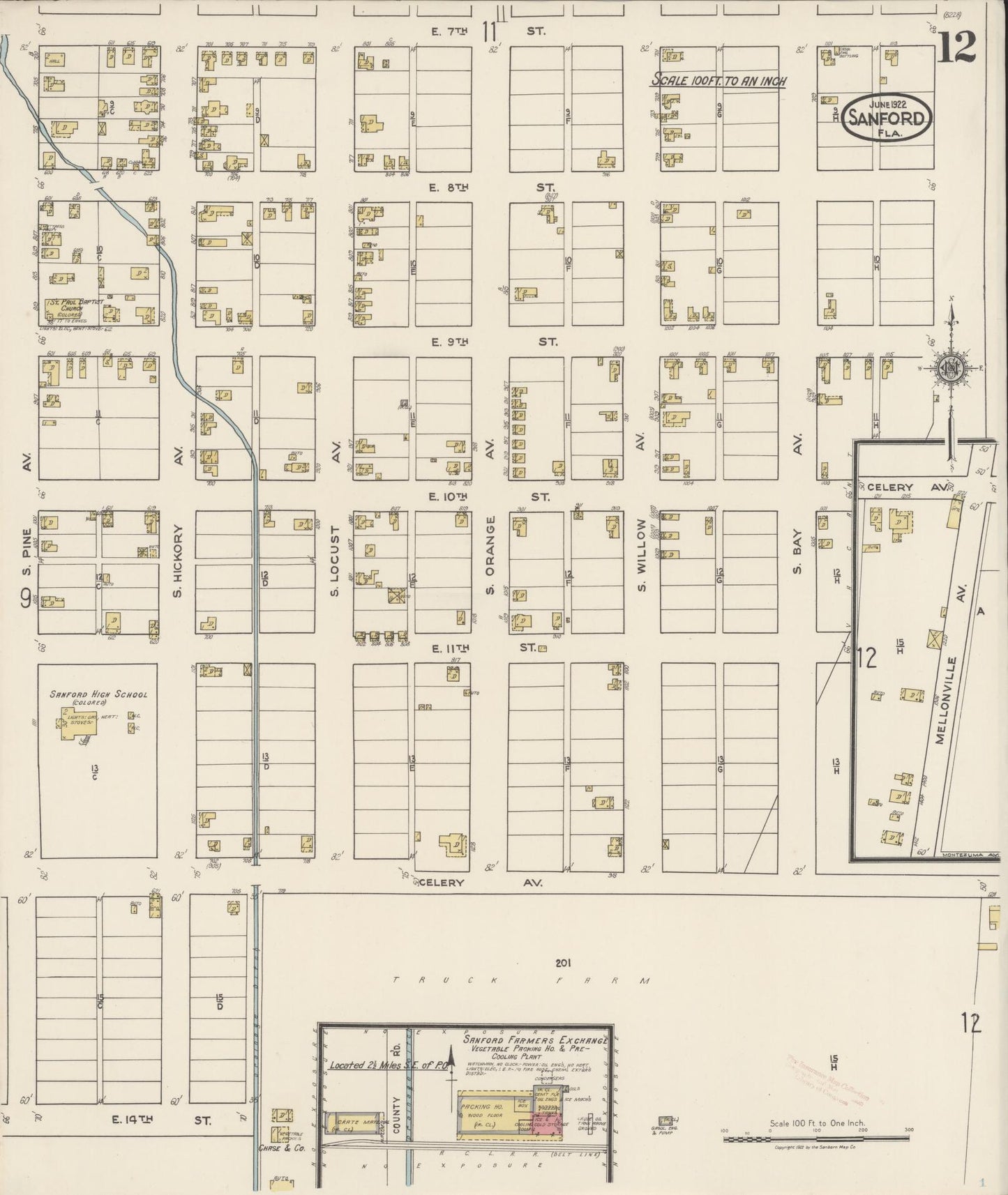 Sanborn Fire Insurance Map from Sanford, Seminole County, Florida (1922), Sheet #0012 - Historic Sanborn Fire Insurance Map Print, vintage old map wall art, antique decor, genealogy gift, Florida Florida map