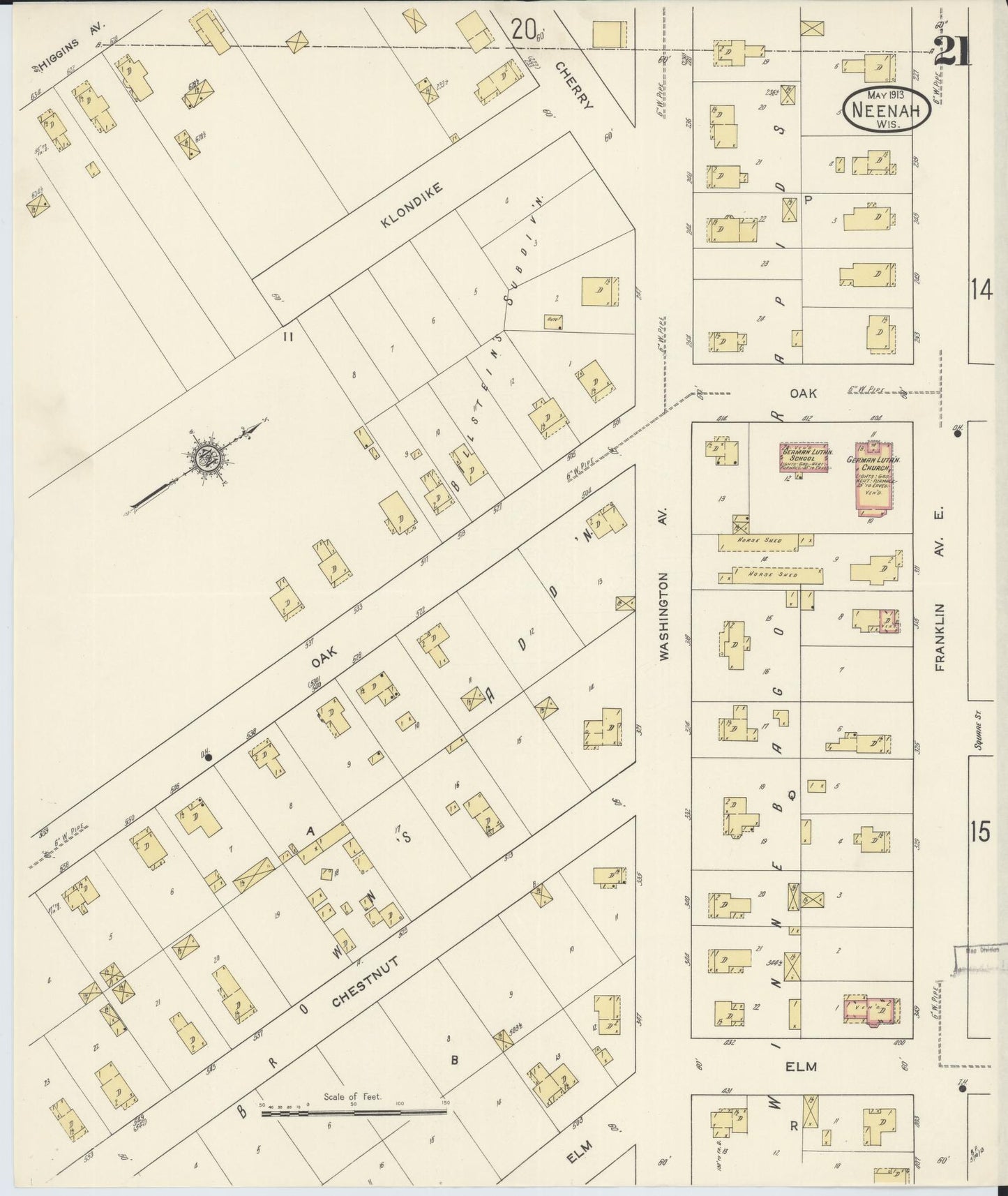 Sanborn Fire Insurance Map from Neenah, Winnebago County, Wisconsin (1913), Sheet #0021 - Historic Sanborn Fire Insurance Map Print, vintage old map wall art, antique decor, genealogy gift, Wisconsin Wisconsin map