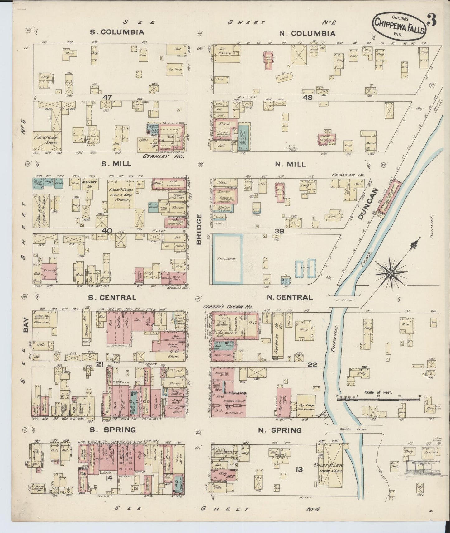 Sanborn Fire Insurance Map from Chippewa Falls, Chippewa County, Wisconsin (1883), Sheet #0003 - Historic Sanborn Fire Insurance Map Print, vintage old map wall art, antique decor, genealogy gift, Wisconsin Wisconsin map