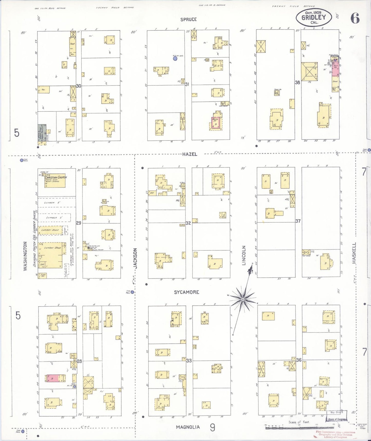 Sanborn Fire Insurance Map from Gridley, Butte County, California (1909), Sheet #0006 - Historic Sanborn Fire Insurance Map Print, vintage old map wall art, antique decor, genealogy gift, California California map