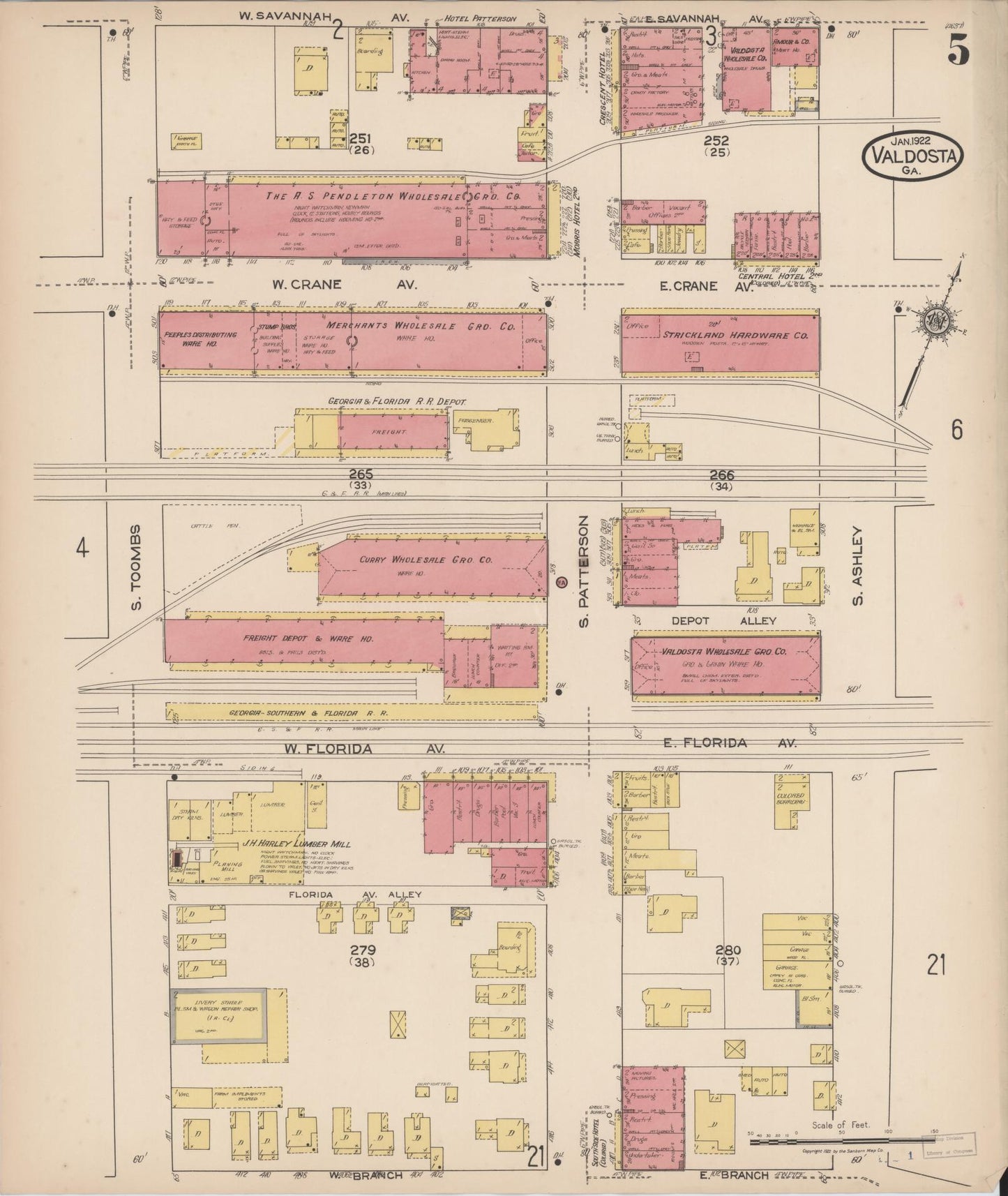 Sanborn Fire Insurance Map from Valdosta, Lowndes County, Georgia (1922), Sheet #0005 - Historic Sanborn Fire Insurance Map Print, vintage old map wall art, antique decor, genealogy gift, Georgia Georgia map