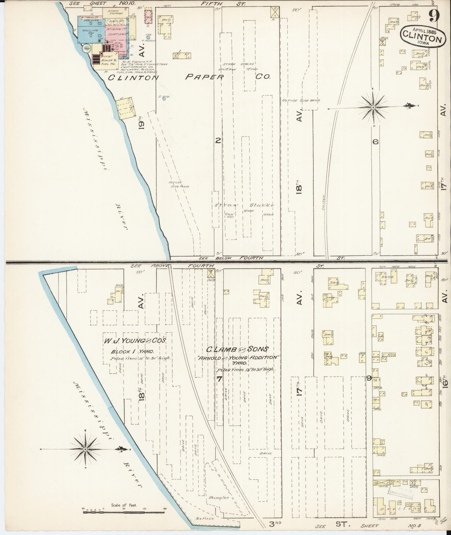 Sanborn Fire Insurance Map from Clinton, Clinton County, Iowa (1885), Sheet #0009 - Historic Sanborn Fire Insurance Map Print, vintage old map wall art