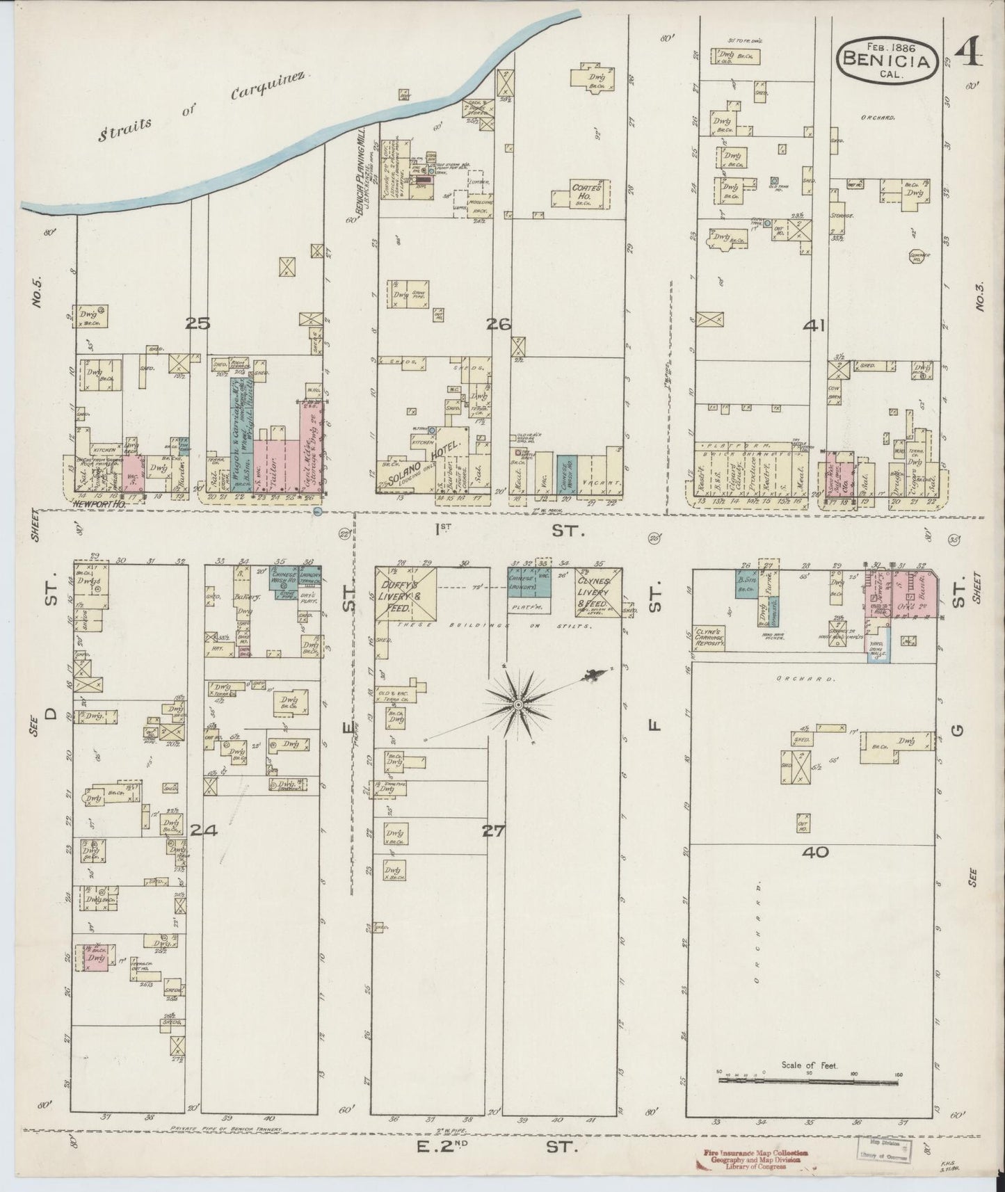 Sanborn Fire Insurance Map from Benicia, Solano County, California (1886), Sheet #0004 - Historic Sanborn Fire Insurance Map Print, vintage old map wall art, antique decor, genealogy gift, California California map