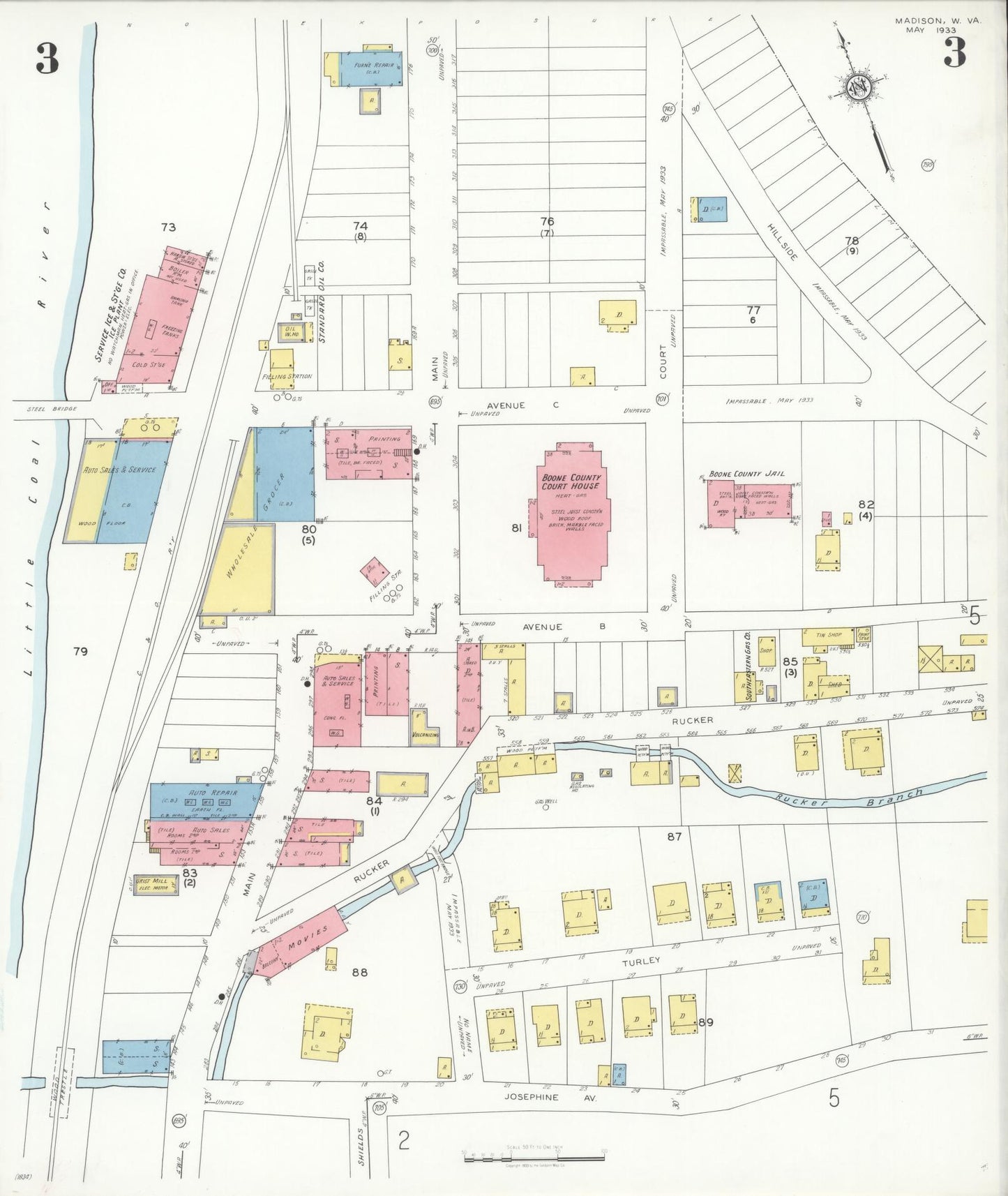 Sanborn Fire Insurance Map from Madison, Boone County, West Virginia (1933), Sheet #0003 - Historic Sanborn Fire Insurance Map Print, vintage old map wall art, antique decor, genealogy gift, West Virginia West Virginia map