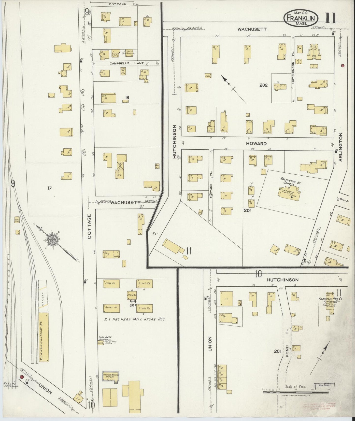 Sanborn Fire Insurance Map from Franklin, Norfolk County, Massachusetts (1919), Sheet #0011 - Historic Sanborn Fire Insurance Map Print, vintage old map wall art, antique decor, genealogy gift, Massachusetts Massachusetts map