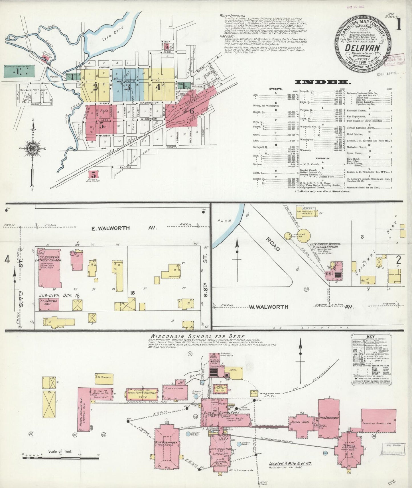 Sanborn Fire Insurance Map from Delavan, Walworth County, Wisconsin (1910), Sheet #0001 - Historic Sanborn Fire Insurance Map Print, vintage old map wall art, antique decor, genealogy gift, Wisconsin Wisconsin map