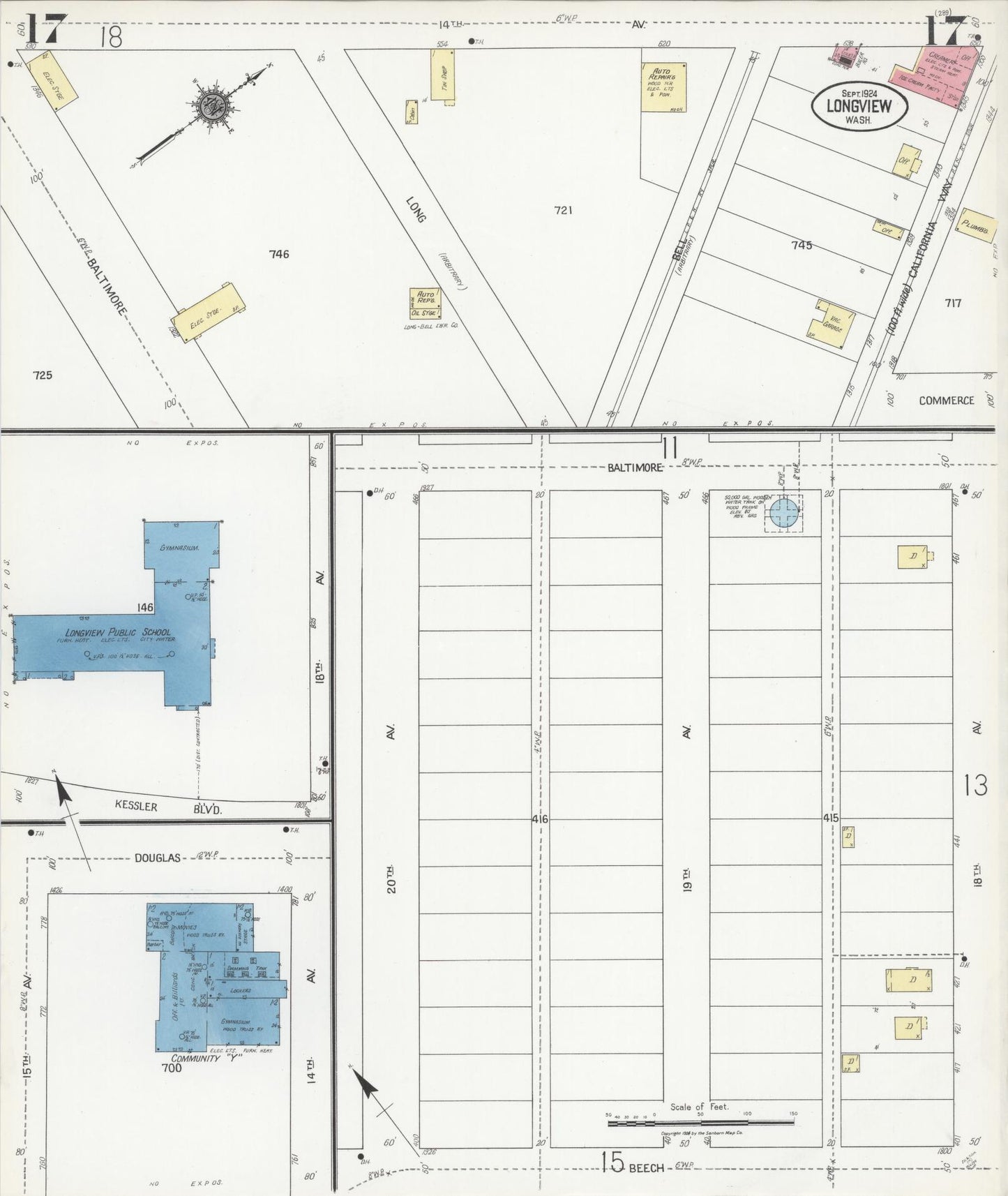 Sanborn Fire Insurance Map from Longview, Cowlitz County, Washington (1924), Sheet #0017 - Historic Sanborn Fire Insurance Map Print, vintage old map wall art, antique decor, genealogy gift, Washington Washington map
