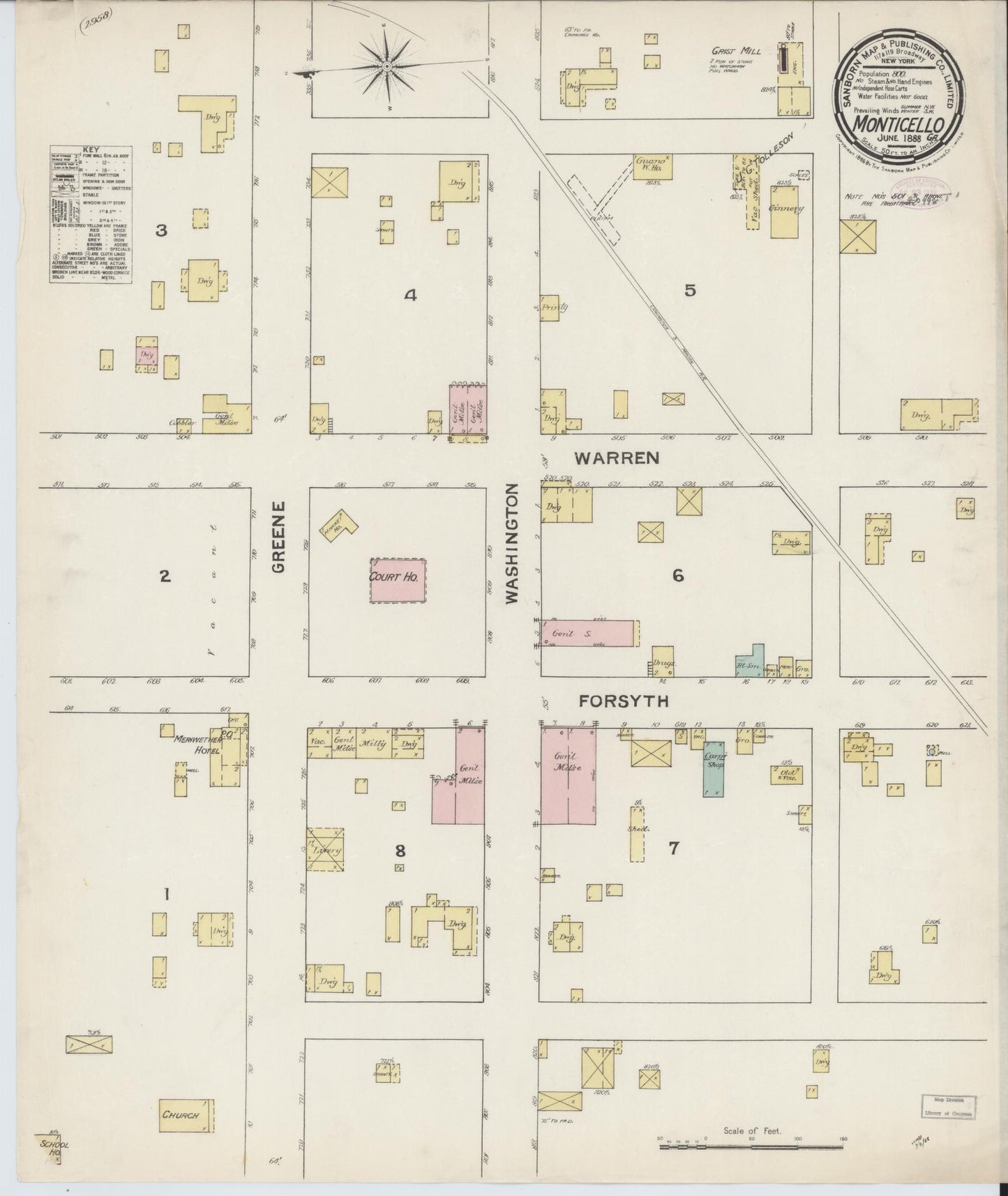Sanborn Fire Insurance Map from Monticello, Jasper County, Georgia (1888), Sheet #0001 - Historic Sanborn Fire Insurance Map Print, vintage old map wall art, antique decor, genealogy gift, Georgia Georgia map