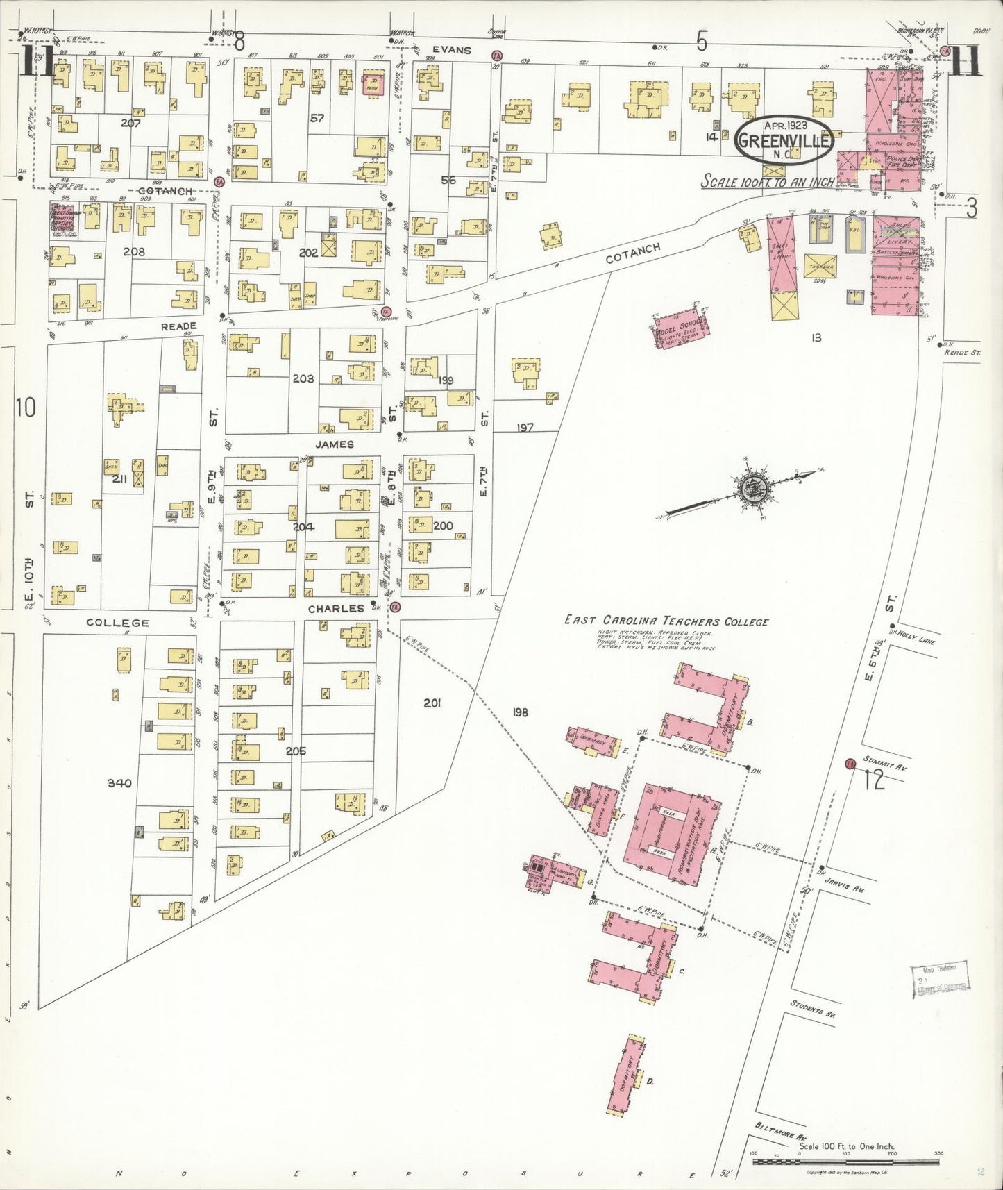 Sanborn Fire Insurance Map from Greenville, Pitt County, North Carolina (1923), Sheet #0011 - Historic Sanborn Fire Insurance Map Print, vintage old map wall art, antique decor, genealogy gift, North Carolina North Carolina map