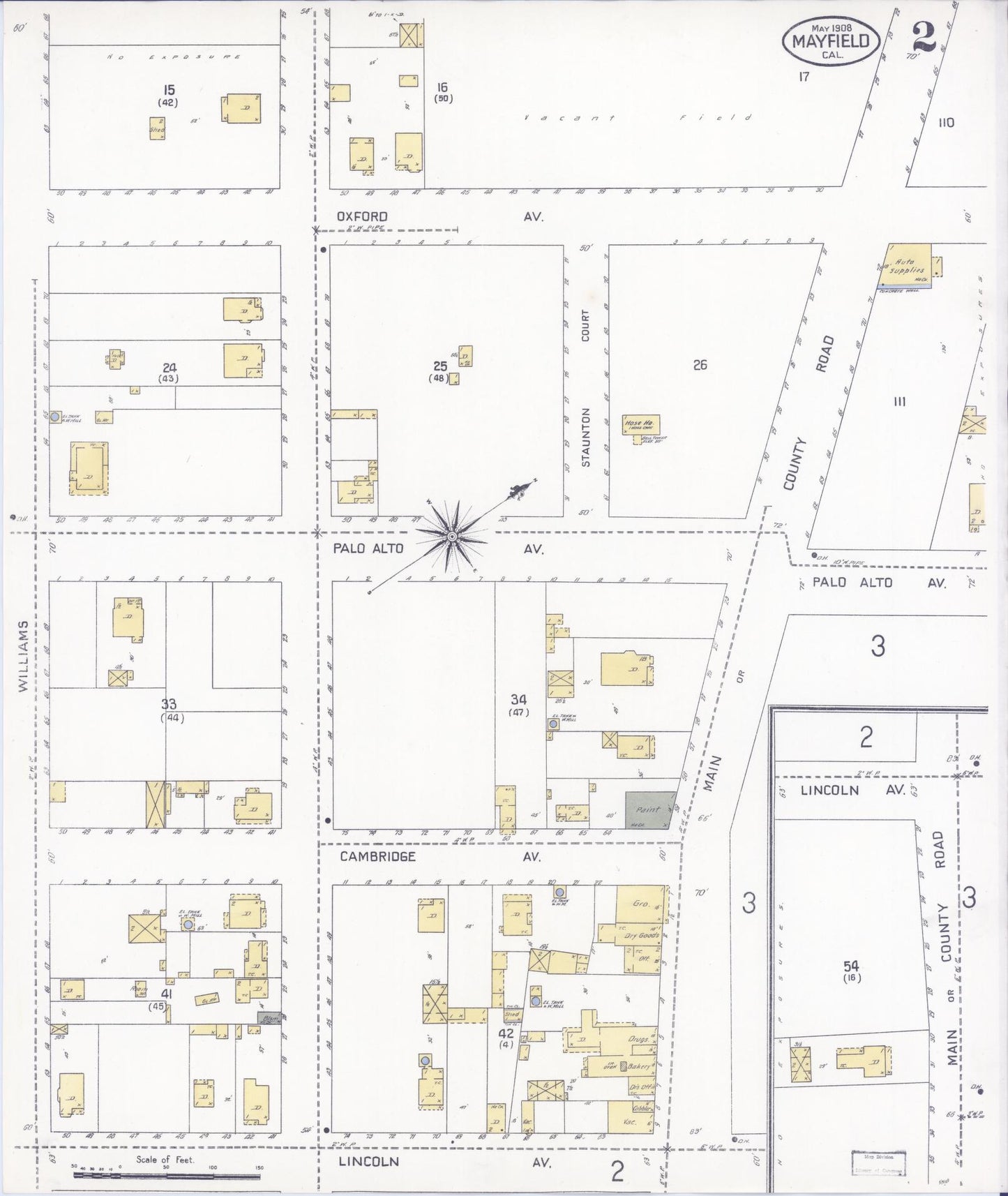 Sanborn Fire Insurance Map from Mayfield, Santa Clara County, California (1908), Sheet #0002 - Historic Sanborn Fire Insurance Map Print, vintage old map wall art, antique decor, genealogy gift, California California map