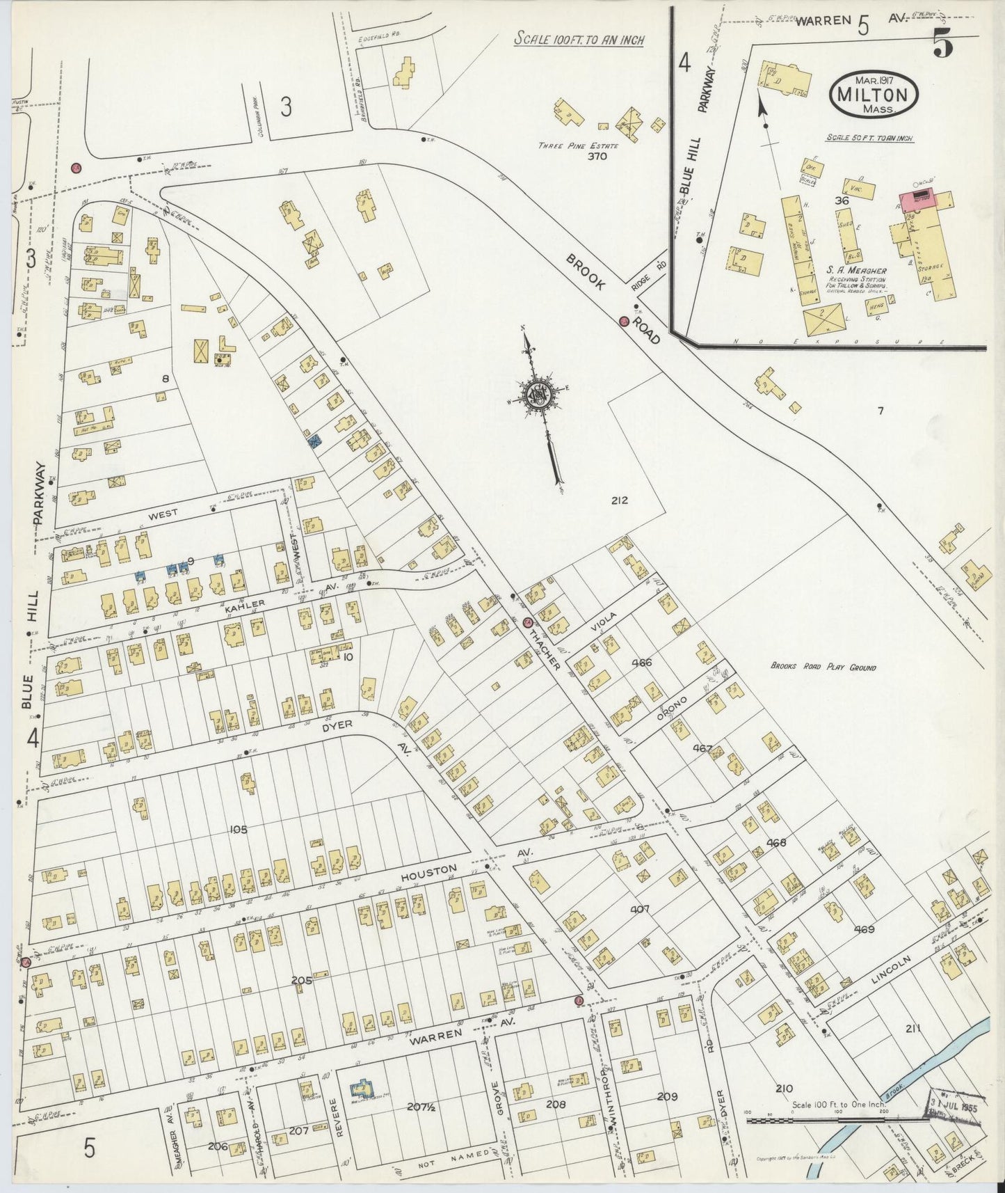 Sanborn Fire Insurance Map from Milton, Norfolk County, Massachusetts (1917), Sheet #0005 - Historic Sanborn Fire Insurance Map Print, vintage old map wall art, antique decor, genealogy gift, Massachusetts Massachusetts map