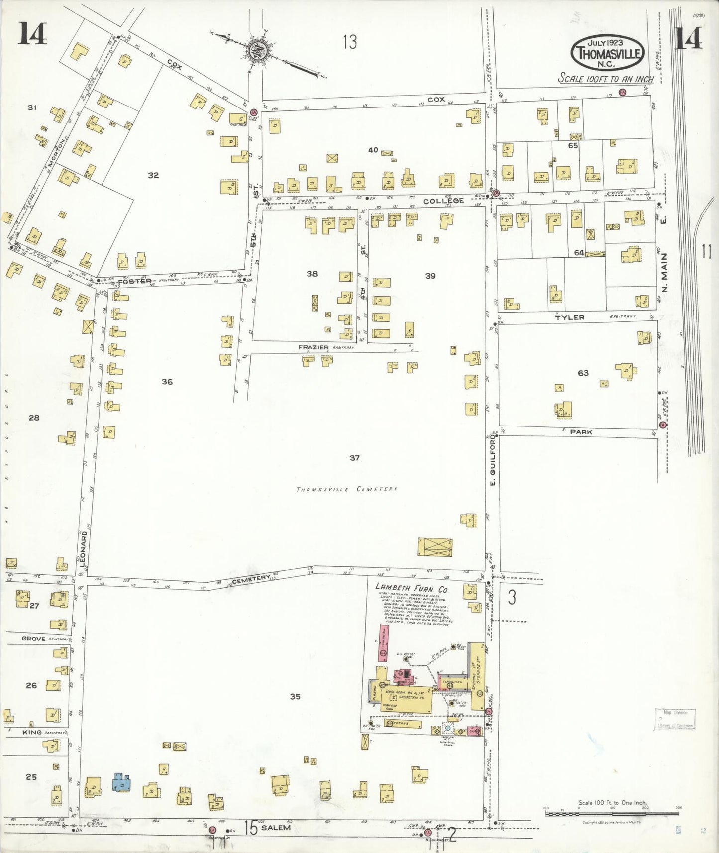 Sanborn Fire Insurance Map from Thomasville, Davidson County, North Carolina (1923), Sheet #0014 - Historic Sanborn Fire Insurance Map Print, vintage old map wall art, antique decor, genealogy gift, North Carolina North Carolina map