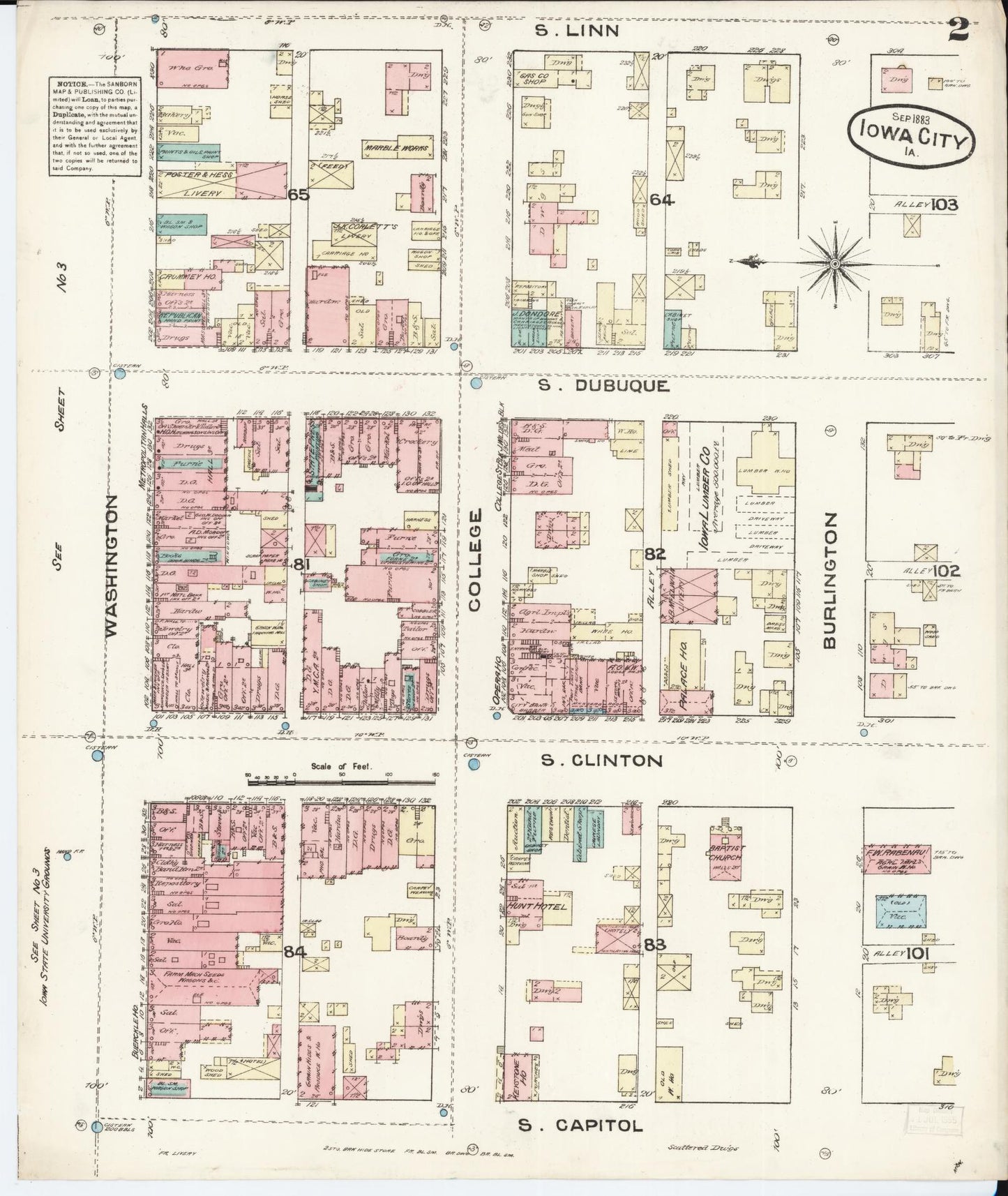 Sanborn Fire Insurance Map from Iowa City, Johnson County, Iowa (1883), Sheet #0002 - Historic Sanborn Fire Insurance Map Print, vintage old map wall art