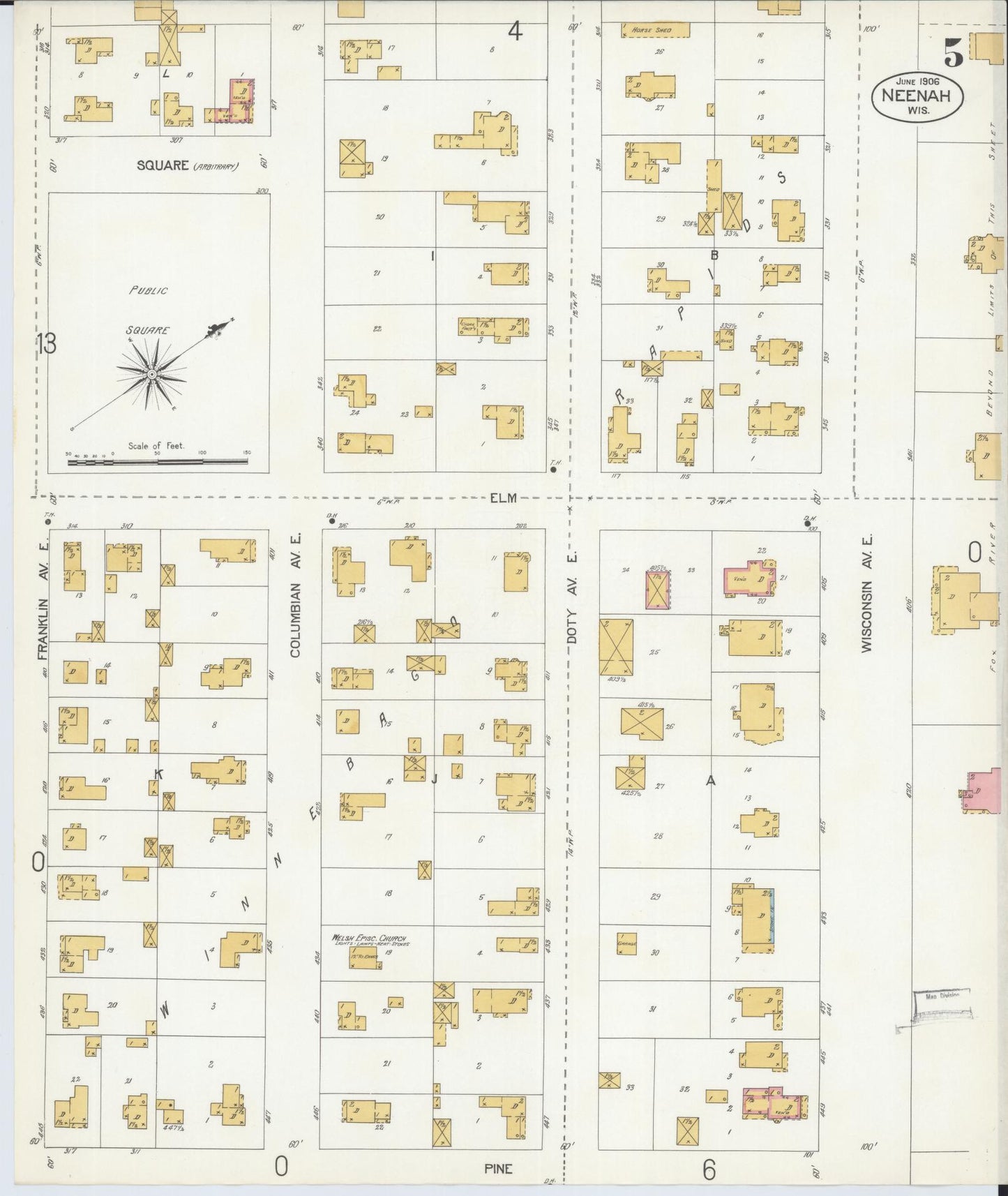 Sanborn Fire Insurance Map from Neenah, Winnebago County, Wisconsin (1906), Sheet #0005 - Historic Sanborn Fire Insurance Map Print, vintage old map wall art, antique decor, genealogy gift, Wisconsin Wisconsin map