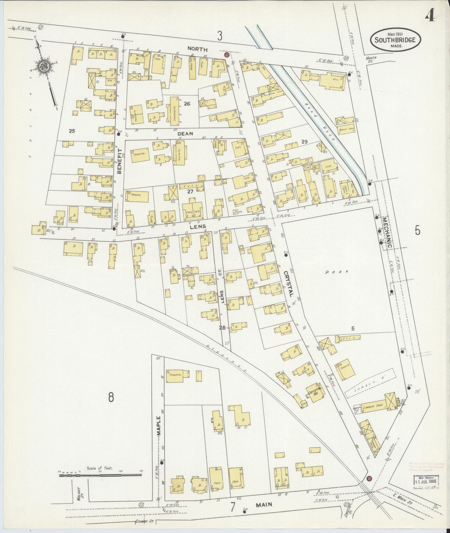 Sanborn Fire Insurance Map from Southbridge, Worcester County, Massachusetts (1911), Sheet #0004 - Historic Sanborn Fire Insurance Map Print, vintage old map wall art, antique decor, genealogy gift, Massachusetts Massachusetts map