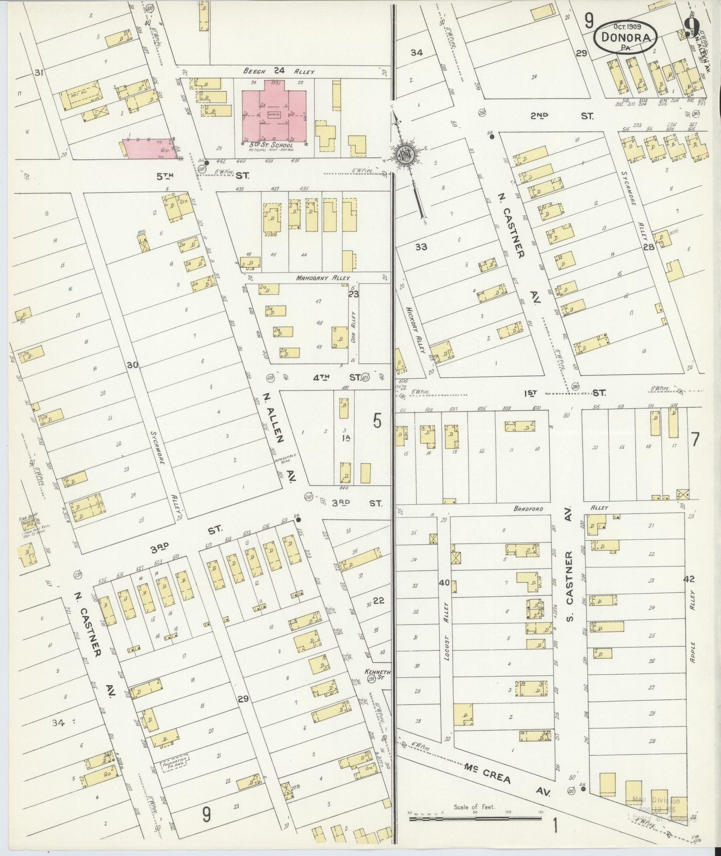 Sanborn Fire Insurance Map from Donora, Washington County, Pennsylvania (1909), Sheet #0009 - Historic Sanborn Fire Insurance Map Print, vintage old map wall art, antique decor, genealogy gift, Pennsylvania Pennsylvania map