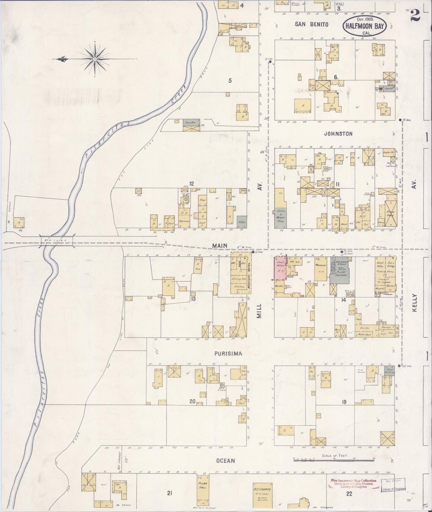 Sanborn Fire Insurance Map from Half Moon Bay, San Mateo County, California (1905), Sheet #0002 - Historic Sanborn Fire Insurance Map Print, vintage old map wall art, antique decor, genealogy gift, California California map