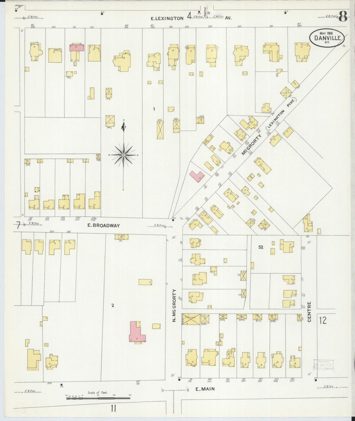 Sanborn Fire Insurance Map from Danville, Boyle County, Kentucky (1908), Sheet #0008 - Historic Sanborn Fire Insurance Map Print, vintage old map wall art, antique decor, genealogy gift, Kentucky Kentucky map