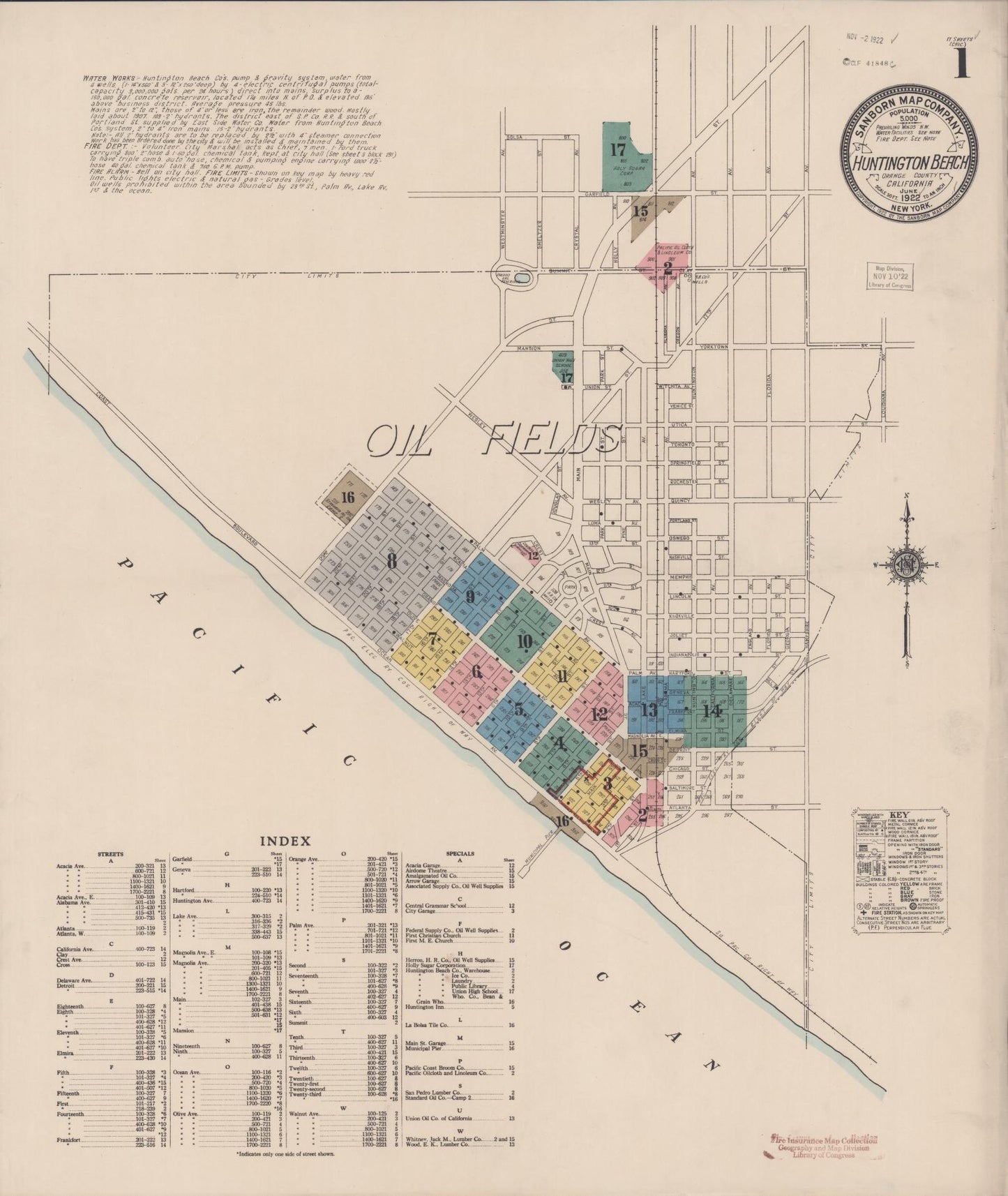 Sanborn Fire Insurance Map from Huntington Beach, Orange County, California (1922), Sheet #0001 - Historic Sanborn Fire Insurance Map Print, vintage old map wall art, antique decor, genealogy gift, California California map
