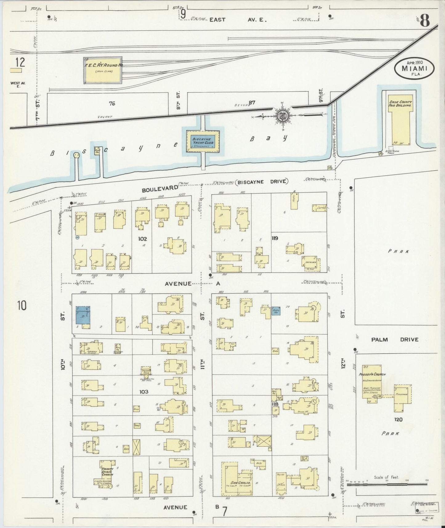 Sanborn Fire Insurance Map from Miami, Dade County, Florida (1910), Sheet #0008 - Historic Sanborn Fire Insurance Map Print, vintage old map wall art, antique decor, genealogy gift, Florida Florida map