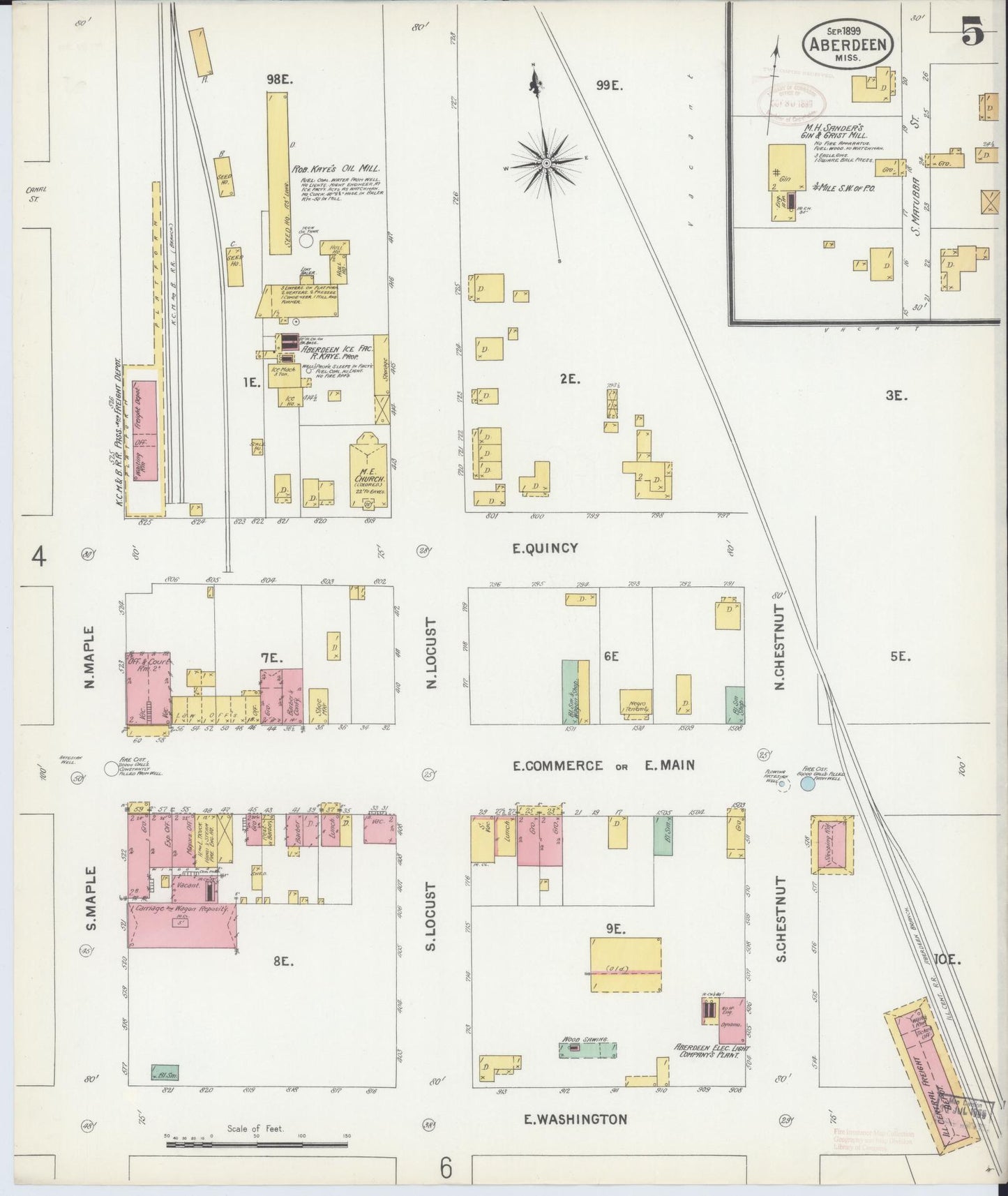 Sanborn Fire Insurance Map from Aberdeen, Monroe County, Mississippi (1899), Sheet #0005 - Historic Sanborn Fire Insurance Map Print, vintage old map wall art, antique decor, genealogy gift, Mississippi Mississippi map