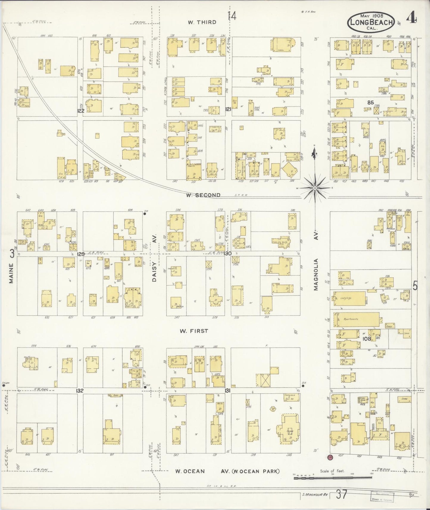 Sanborn Fire Insurance Map from Long Beach, Los Angeles County, California (1908), Sheet #0004 - Historic Sanborn Fire Insurance Map Print, vintage old map wall art, antique decor, genealogy gift, California California map