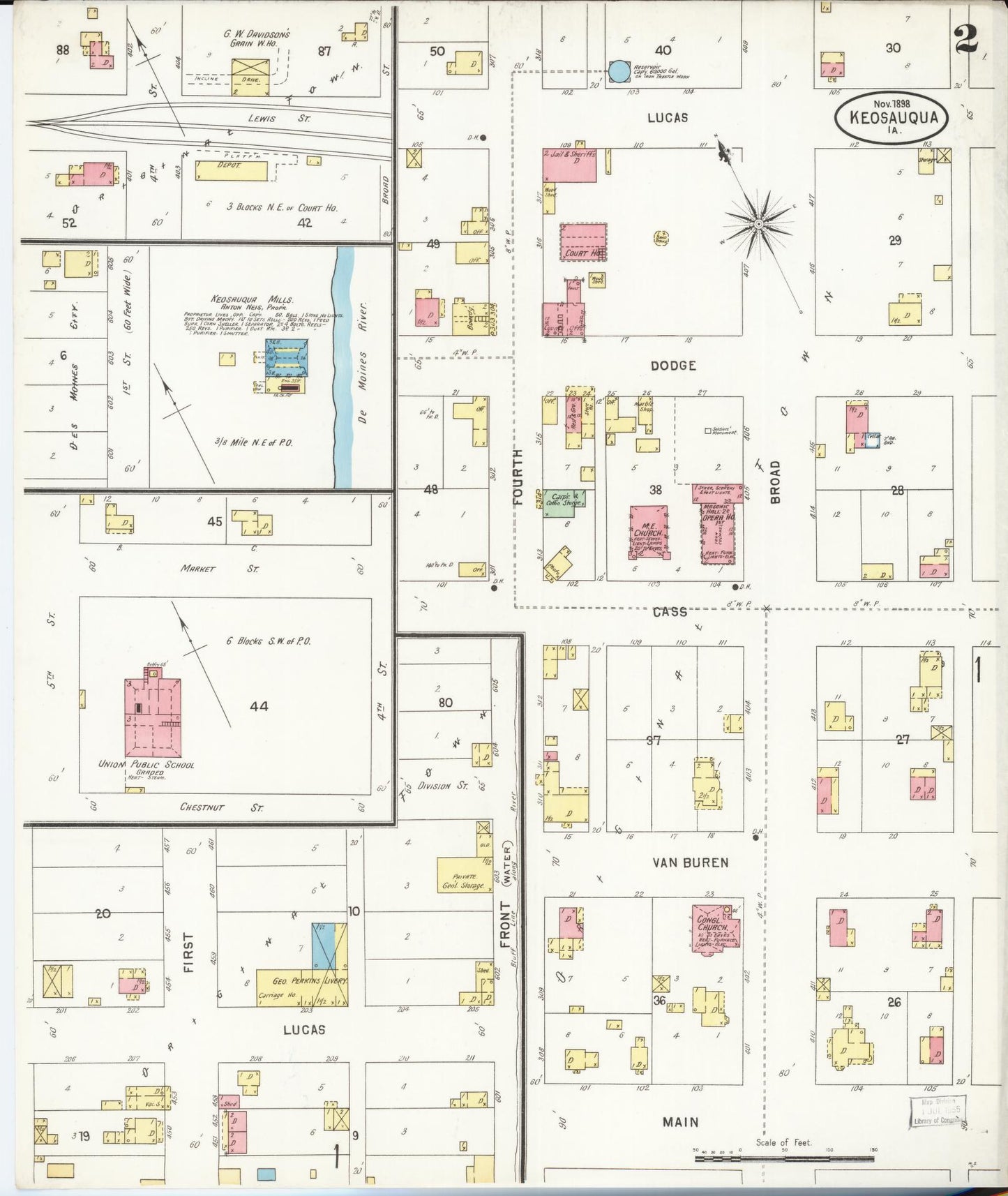 Sanborn Fire Insurance Map from Keosauqua, Van Buren County, Iowa (1898), Sheet #0002 - Historic Sanborn Fire Insurance Map Print, vintage old map wall art