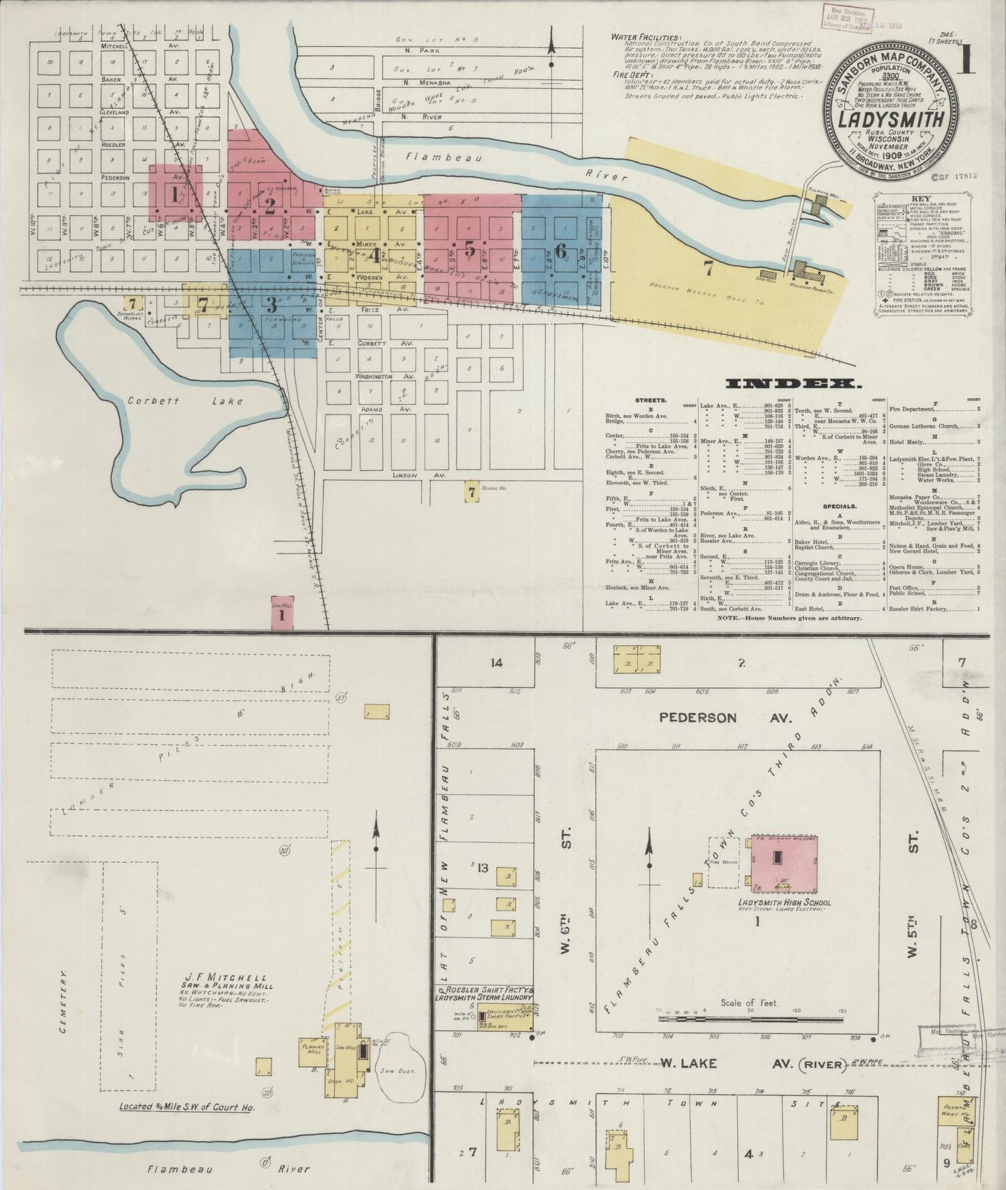 Sanborn Fire Insurance Map from Ladysmith, Rusk County, Wisconsin (1909), Sheet #0001 - Historic Sanborn Fire Insurance Map Print, vintage old map wall art, antique decor, genealogy gift, Wisconsin Wisconsin map