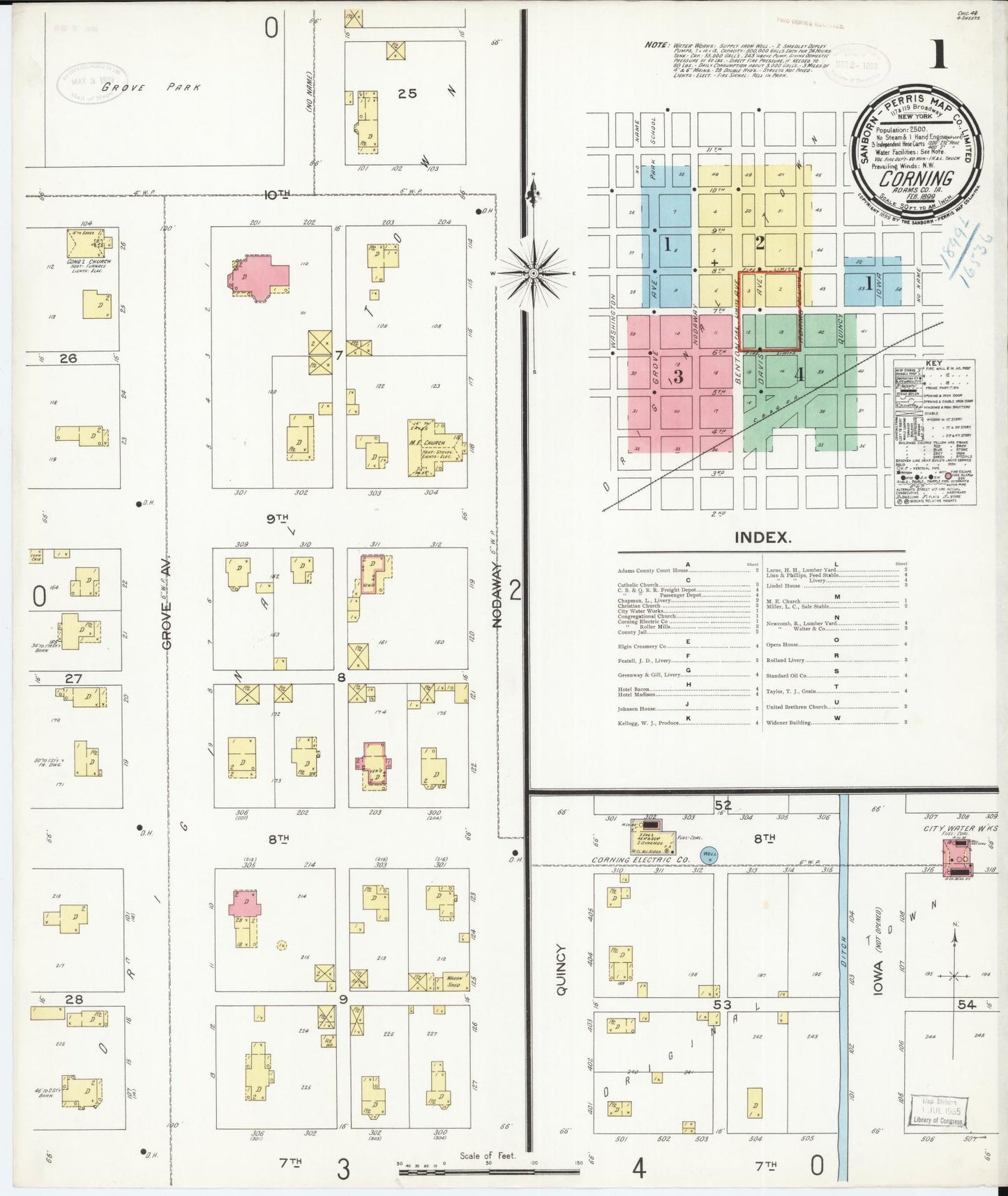 Sanborn Fire Insurance Map from Corning, Adams County, Iowa (1899), Sheet #0001 - Historic Sanborn Fire Insurance Map Print, vintage old map wall art